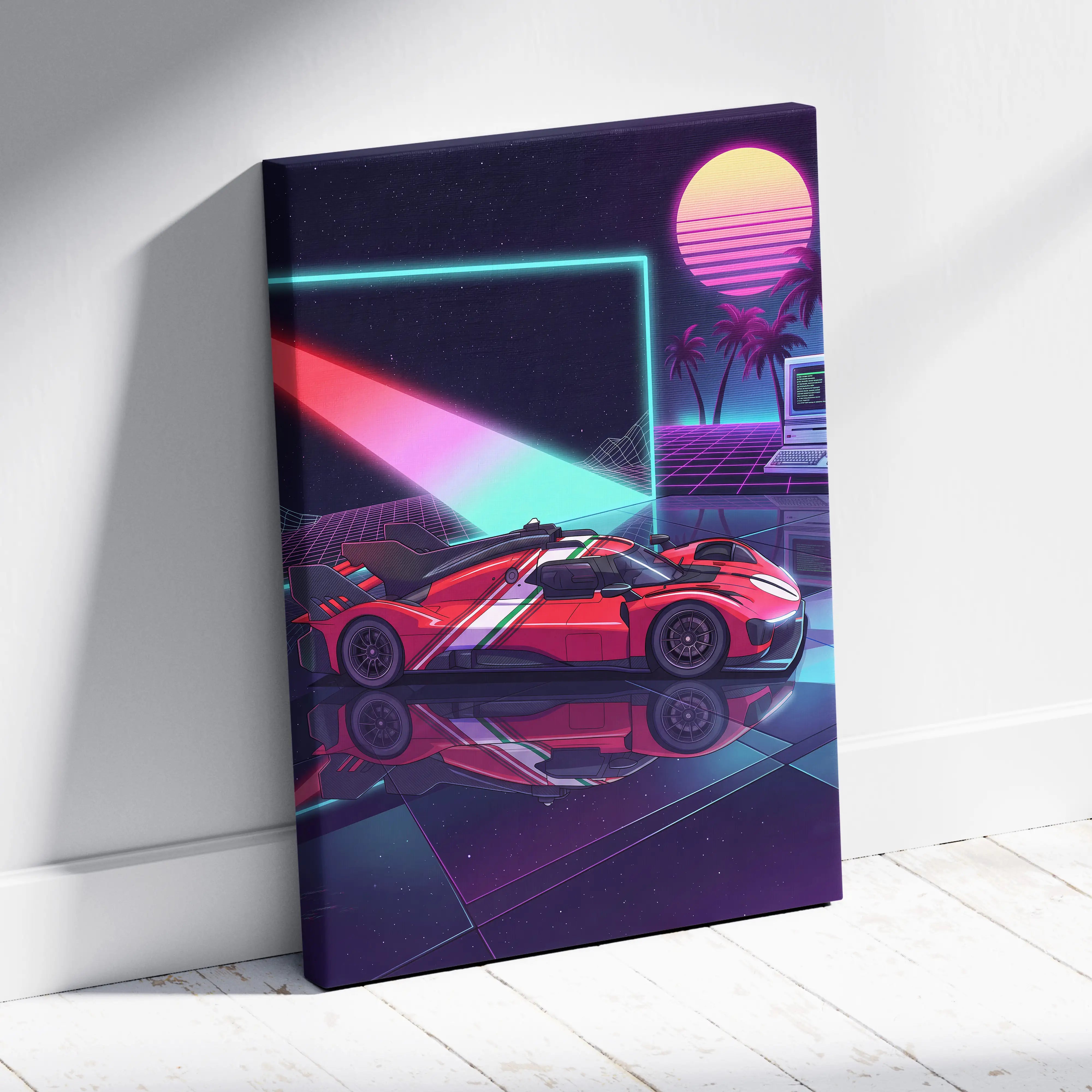Framed canvas featuring a vibrant red ferrari 499p inspired sports car with black and white racing stripes in a neon vaporwave scene