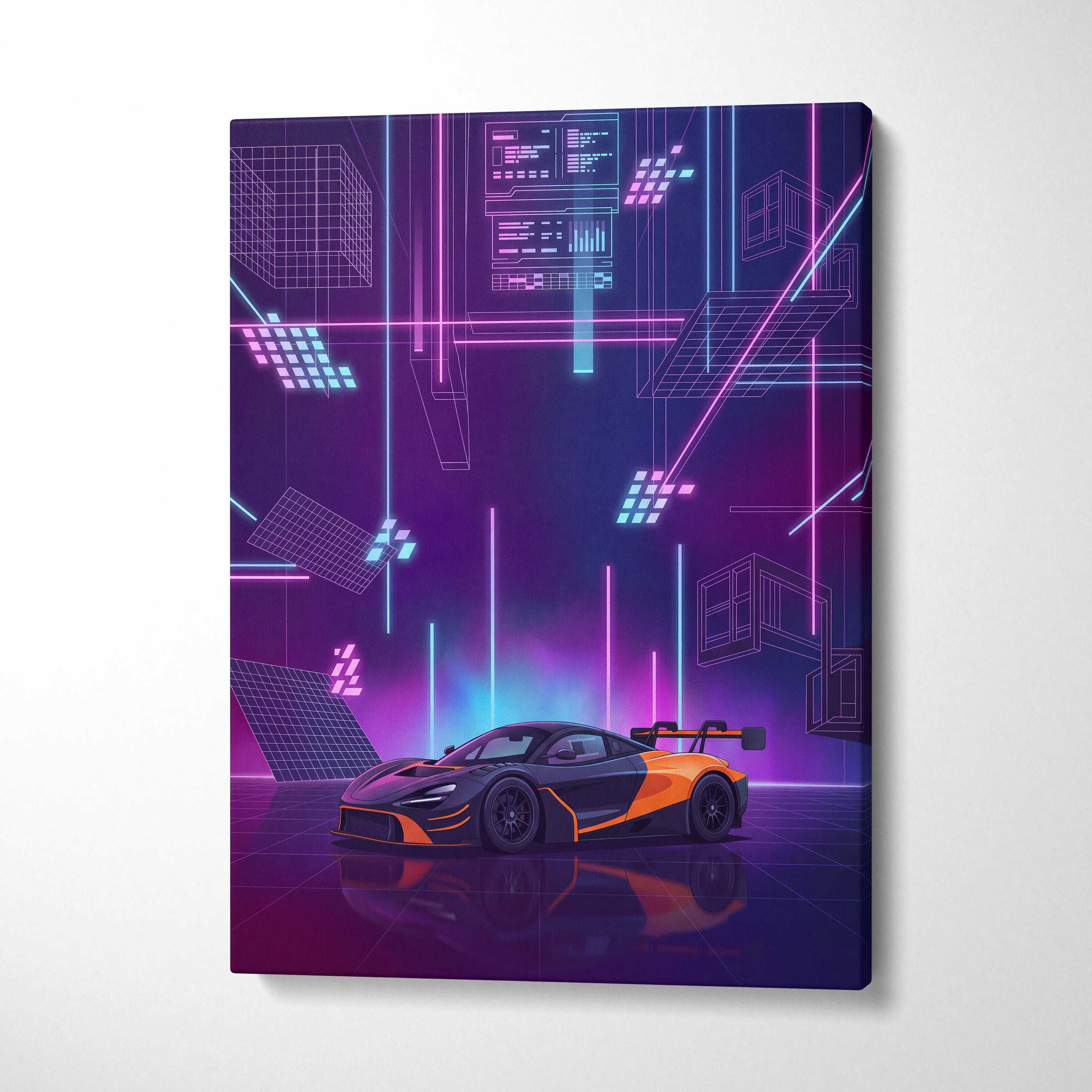 McLaren 720S GT3 Inspired Orange Purple Canvas Wall Art, Vaporwave Supercar Artwork, Neon Grid Garage Decor, Retro Futuristic Exotic Print