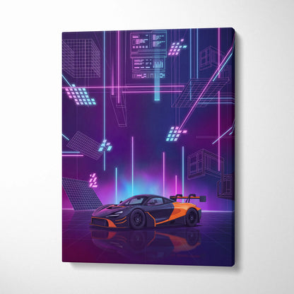 McLaren 720S GT3 Inspired Orange Purple Canvas Wall Art, Vaporwave Supercar Artwork, Neon Grid Garage Decor, Retro Futuristic Exotic Print