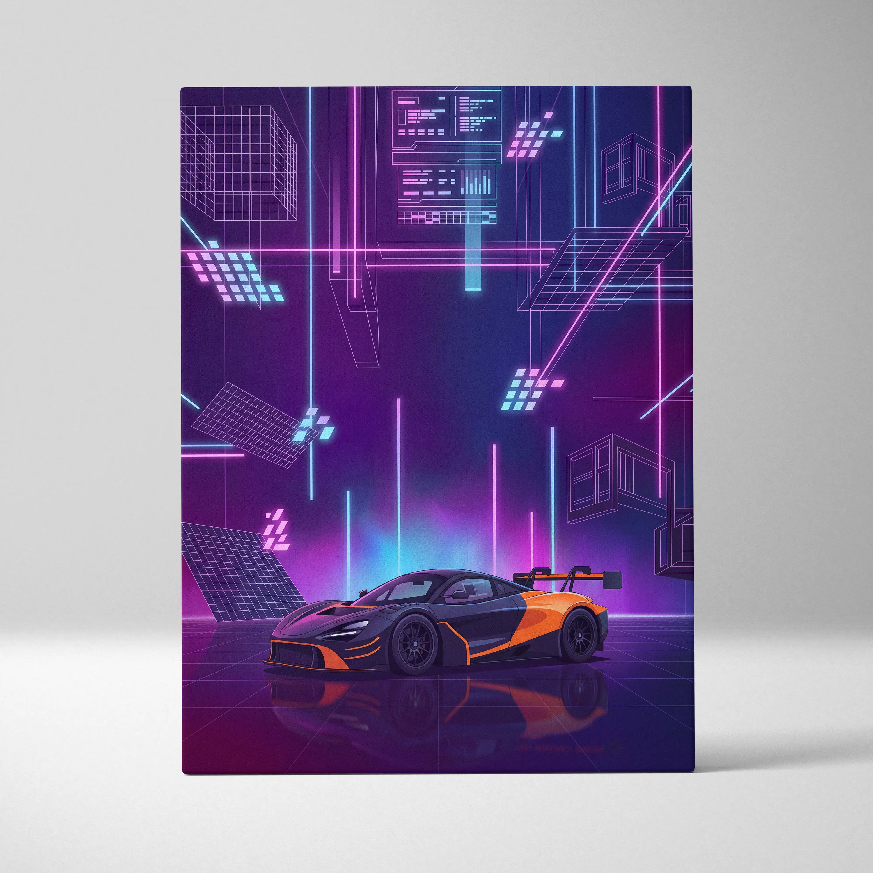 McLaren 720S GT3 Inspired Orange Purple Canvas Wall Art, Vaporwave Supercar Artwork, Neon Grid Garage Decor, Retro Futuristic Exotic Print