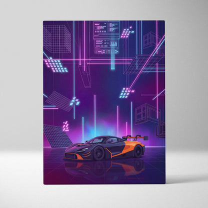 McLaren 720S GT3 Inspired Orange Purple Canvas Wall Art, Vaporwave Supercar Artwork, Neon Grid Garage Decor, Retro Futuristic Exotic Print
