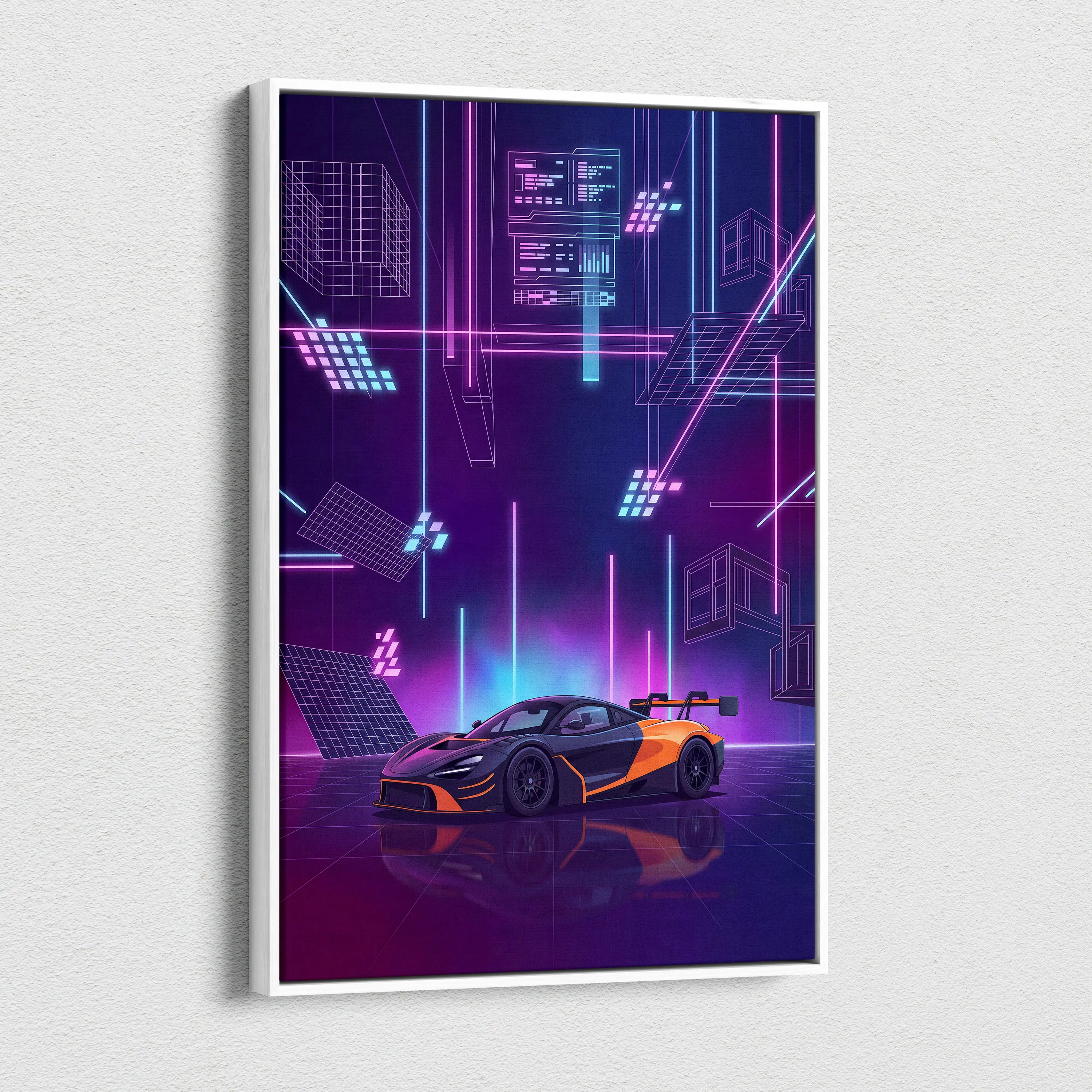 McLaren 720S GT3 Inspired Orange Purple Canvas Wall Art, Vaporwave Supercar Artwork, Neon Grid Garage Decor, Retro Futuristic Exotic Print