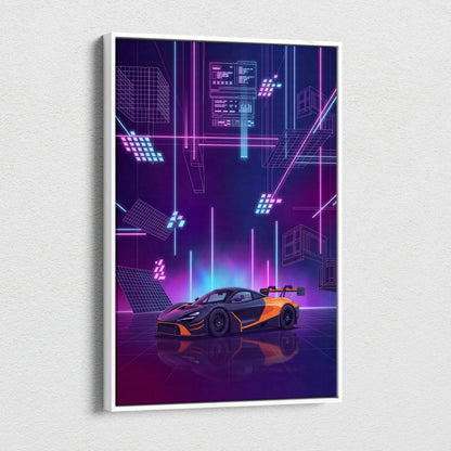 McLaren 720S GT3 Inspired Orange Purple Canvas Wall Art, Vaporwave Supercar Artwork, Neon Grid Garage Decor, Retro Futuristic Exotic Print