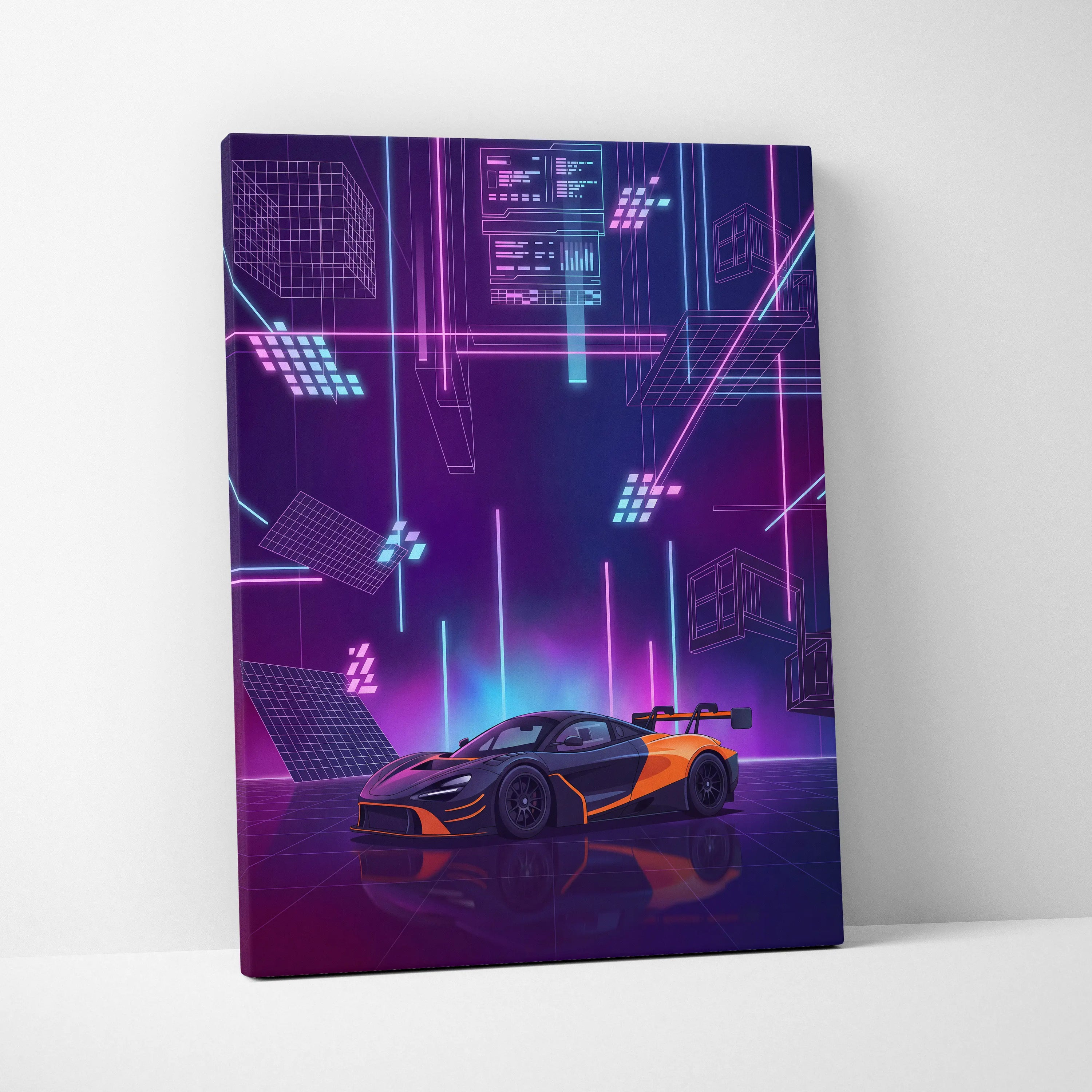 McLaren 720S GT3 Inspired Orange Purple Canvas Wall Art, Vaporwave Supercar Artwork, Neon Grid Garage Decor, Retro Futuristic Exotic Print