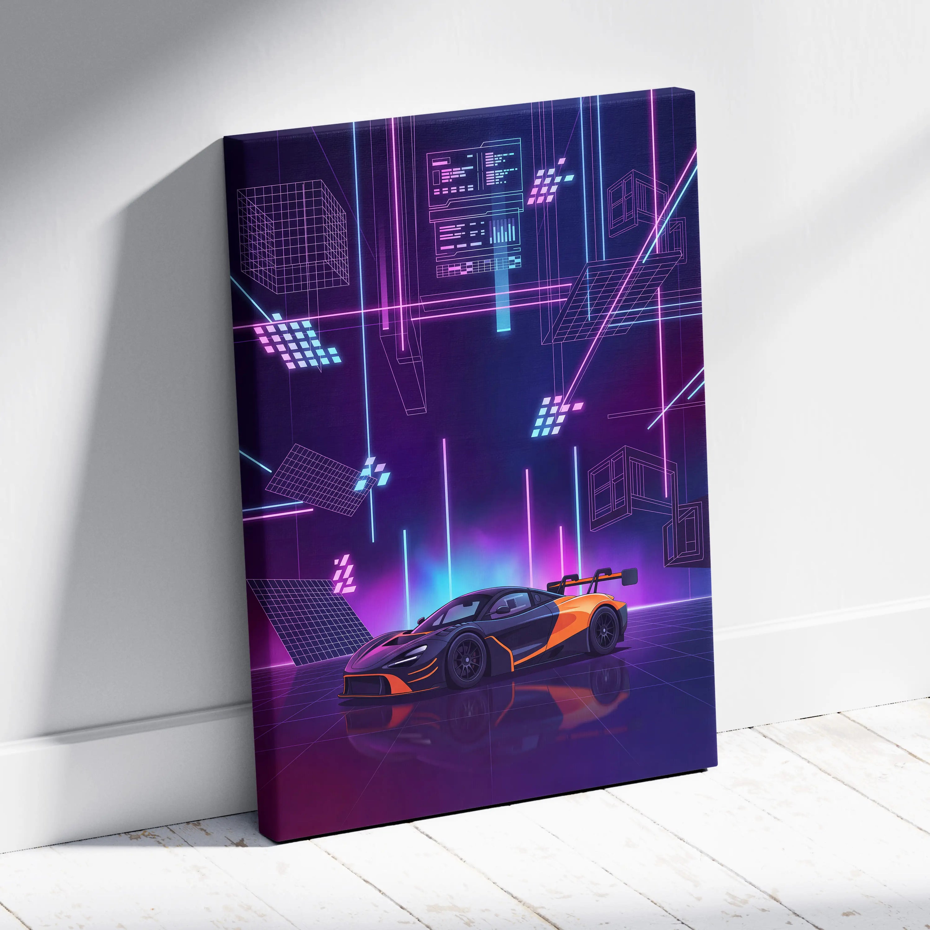 McLaren 720S GT3 Inspired Orange Purple Canvas Wall Art, Vaporwave Supercar Artwork, Neon Grid Garage Decor, Retro Futuristic Exotic Print