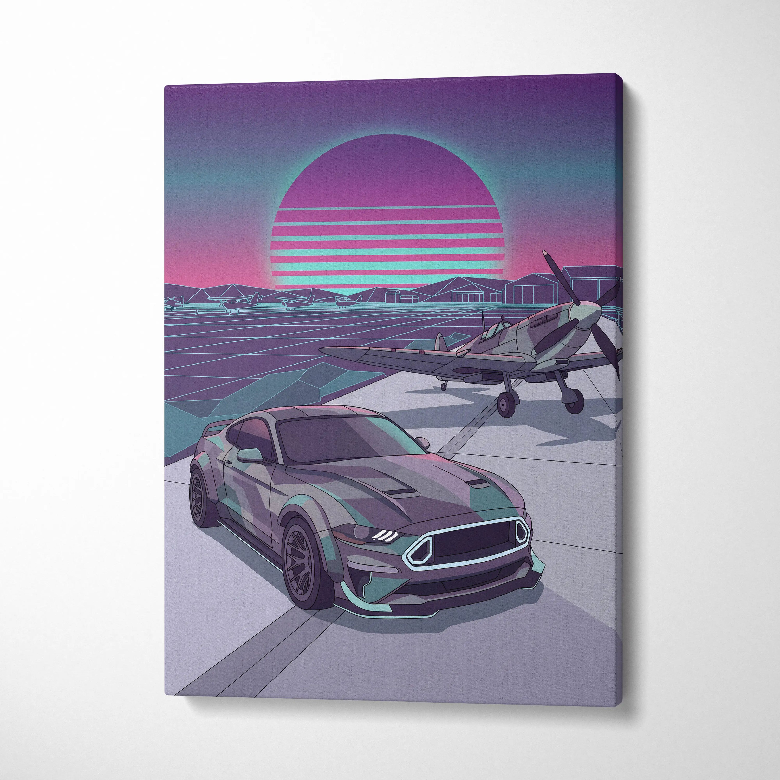 Ford Mustang Inspired Blue Purple Canvas Wall Art, Vaporwave Neon City Garage Decor, Moody Futuristic Muscle Car Artwork