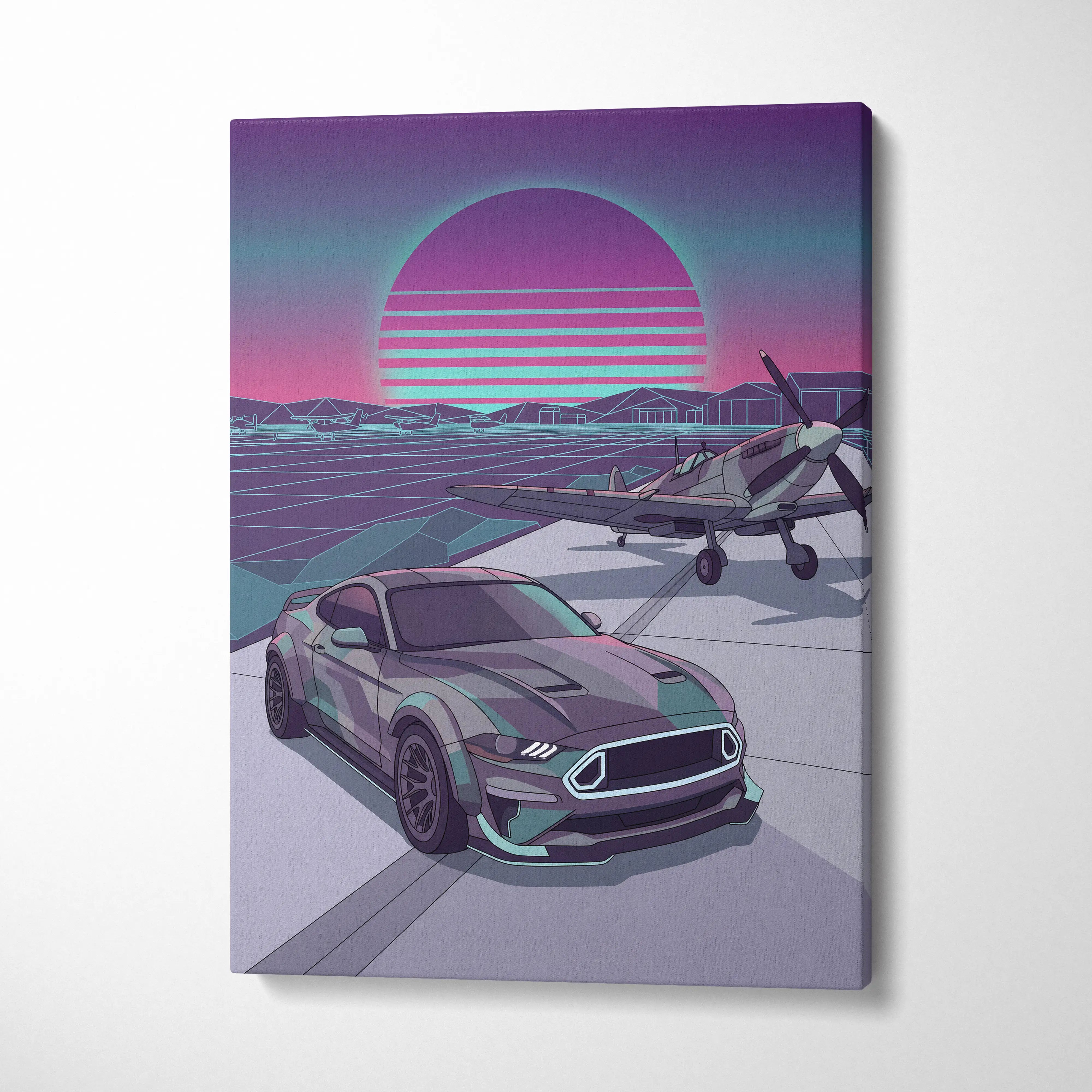 Ford Mustang Inspired Blue Purple Canvas Wall Art, Vaporwave Neon City Garage Decor, Moody Futuristic Muscle Car Artwork