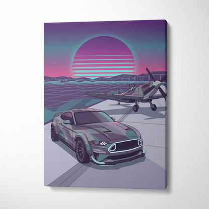 Ford Mustang Inspired Blue Purple Canvas Wall Art, Vaporwave Neon City Garage Decor, Moody Futuristic Muscle Car Artwork