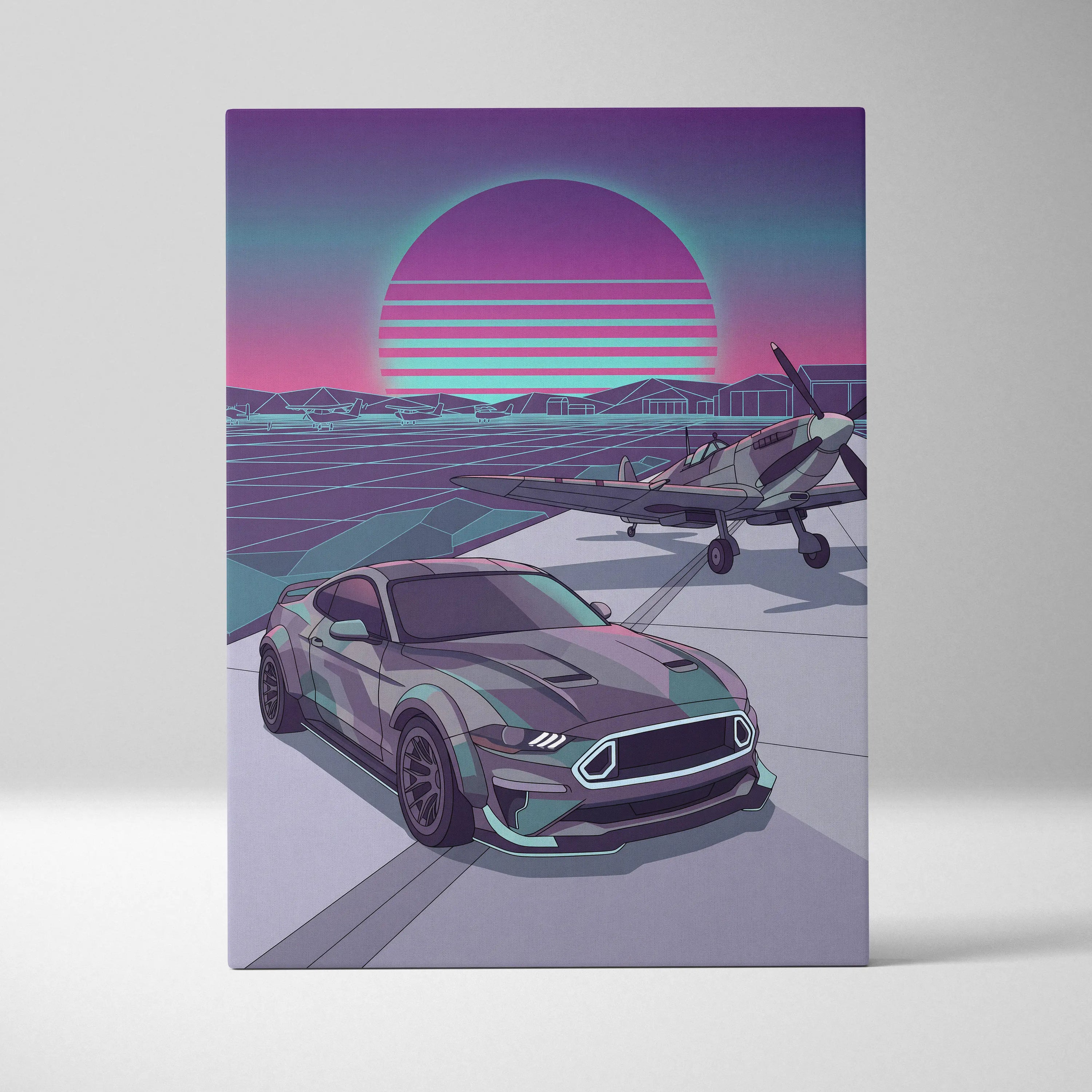 Ford Mustang Inspired Blue Purple Canvas Wall Art, Vaporwave Neon City Garage Decor, Moody Futuristic Muscle Car Artwork