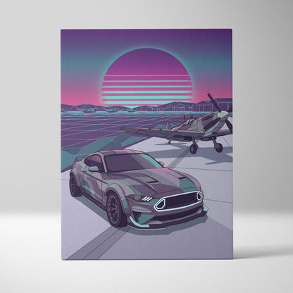 Ford Mustang Inspired Blue Purple Canvas Wall Art, Vaporwave Neon City Garage Decor, Moody Futuristic Muscle Car Artwork