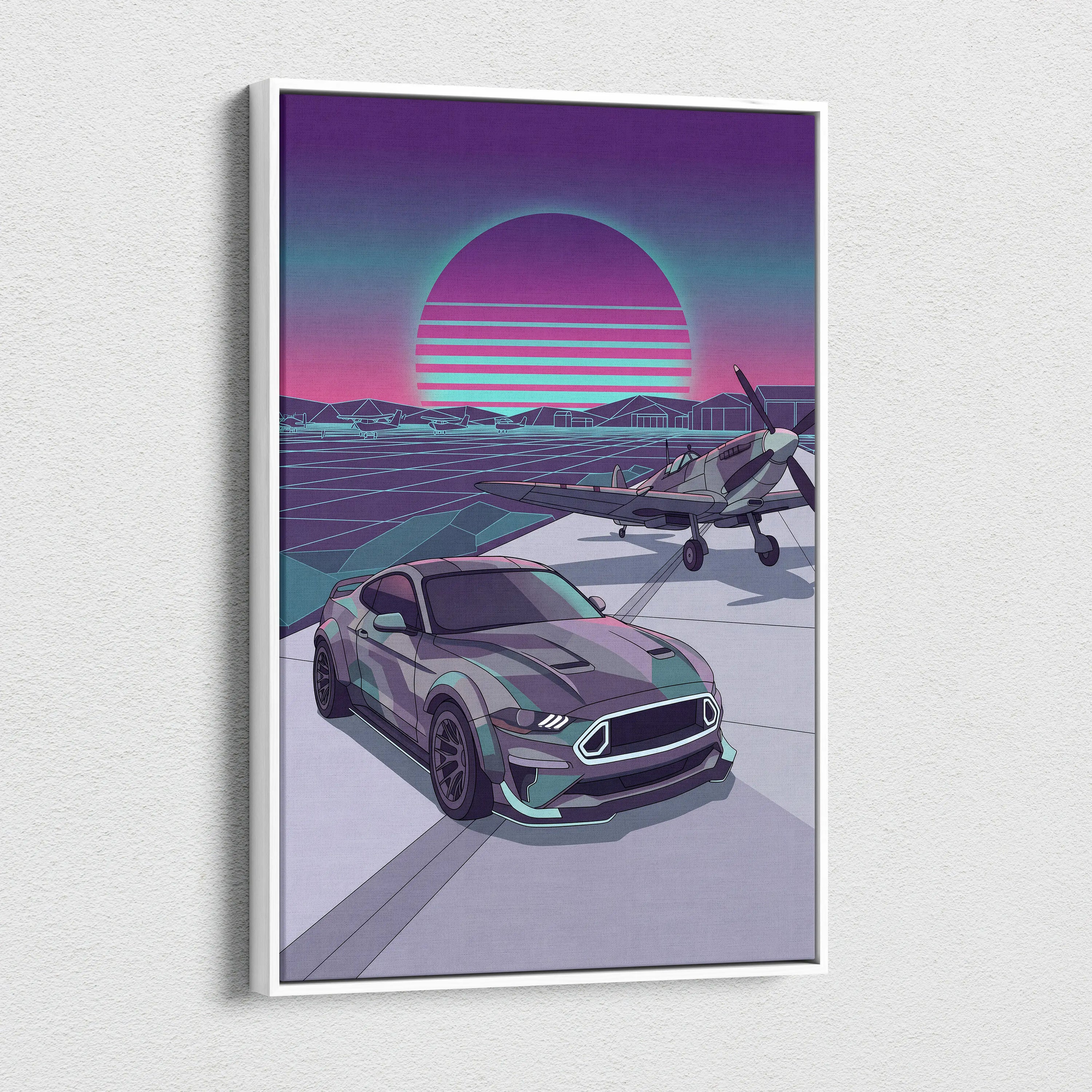 Ford Mustang Inspired Blue Purple Canvas Wall Art, Vaporwave Neon City Garage Decor, Moody Futuristic Muscle Car Artwork