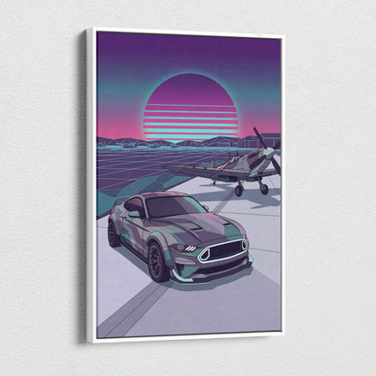 Ford Mustang Inspired Blue Purple Canvas Wall Art, Vaporwave Neon City Garage Decor, Moody Futuristic Muscle Car Artwork