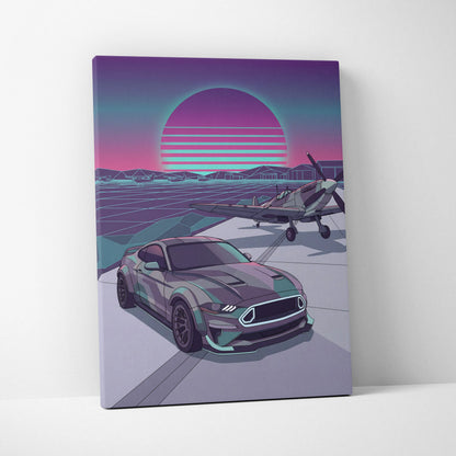 Ford Mustang Inspired Blue Purple Canvas Wall Art, Vaporwave Neon City Garage Decor, Moody Futuristic Muscle Car Artwork