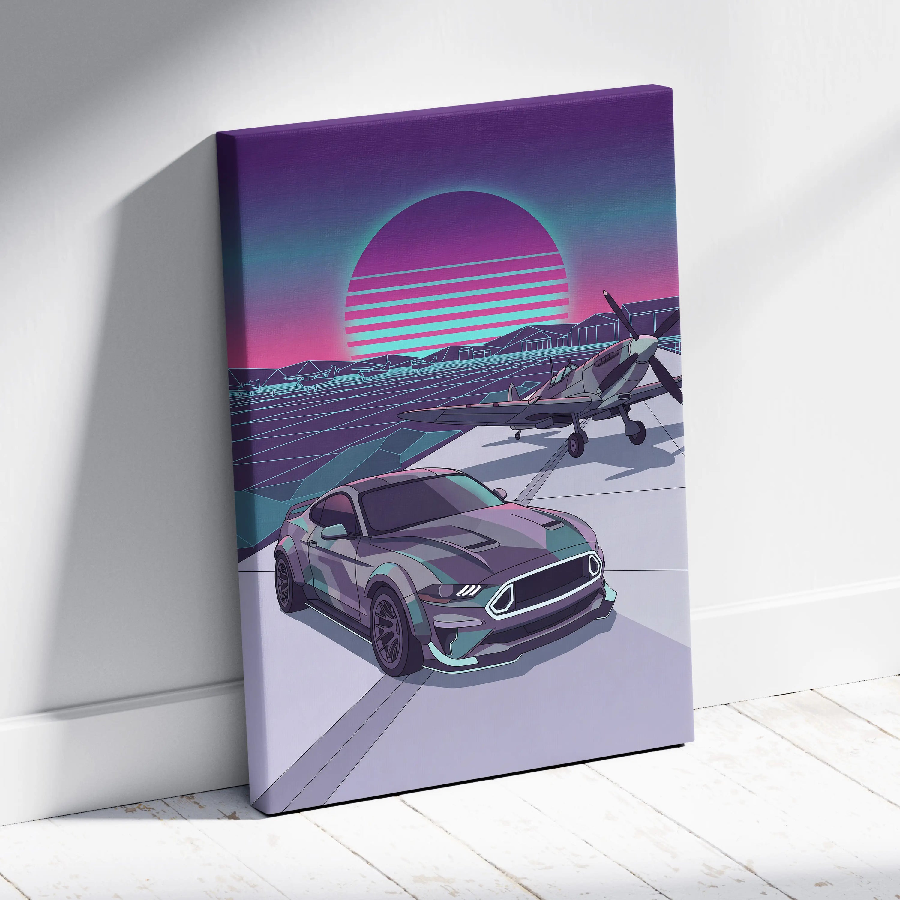 Ford Mustang Inspired Blue Purple Canvas Wall Art, Vaporwave Neon City Garage Decor, Moody Futuristic Muscle Car Artwork