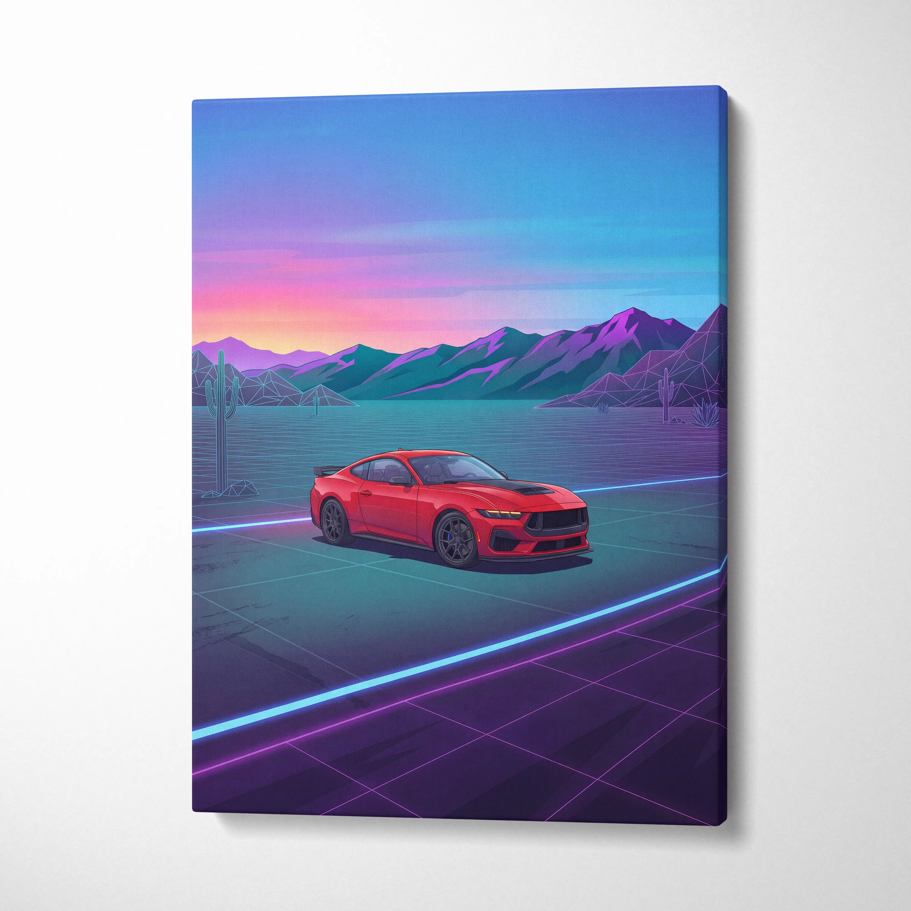 Ford Mustang Inspired Red Blue Canvas Wall Art, Vaporwave Muscle Car Artwork, Neon Desert Sunset Decor, Retro Futuristic Garage Print