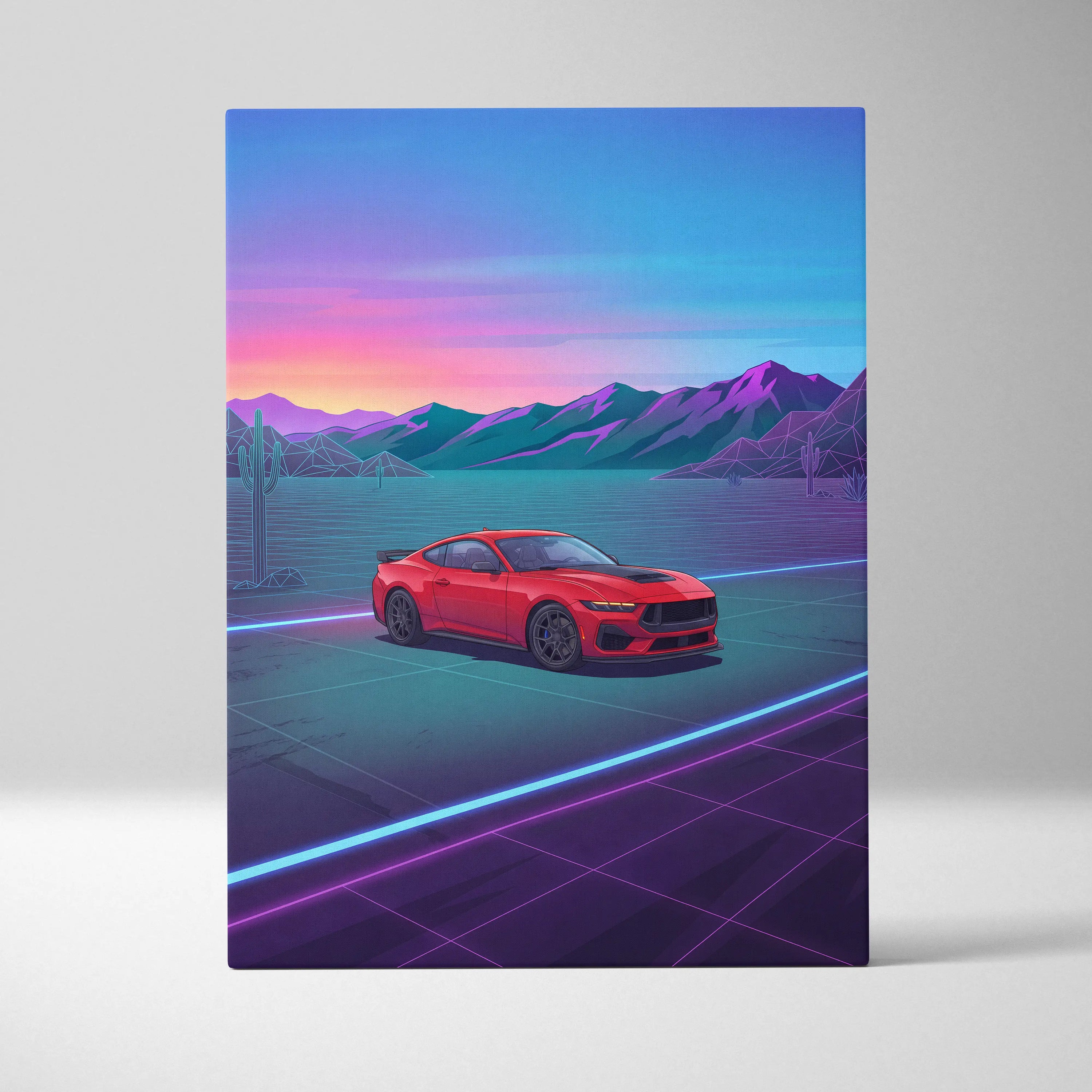 Ford Mustang Inspired Red Blue Canvas Wall Art, Vaporwave Muscle Car Artwork, Neon Desert Sunset Decor, Retro Futuristic Garage Print