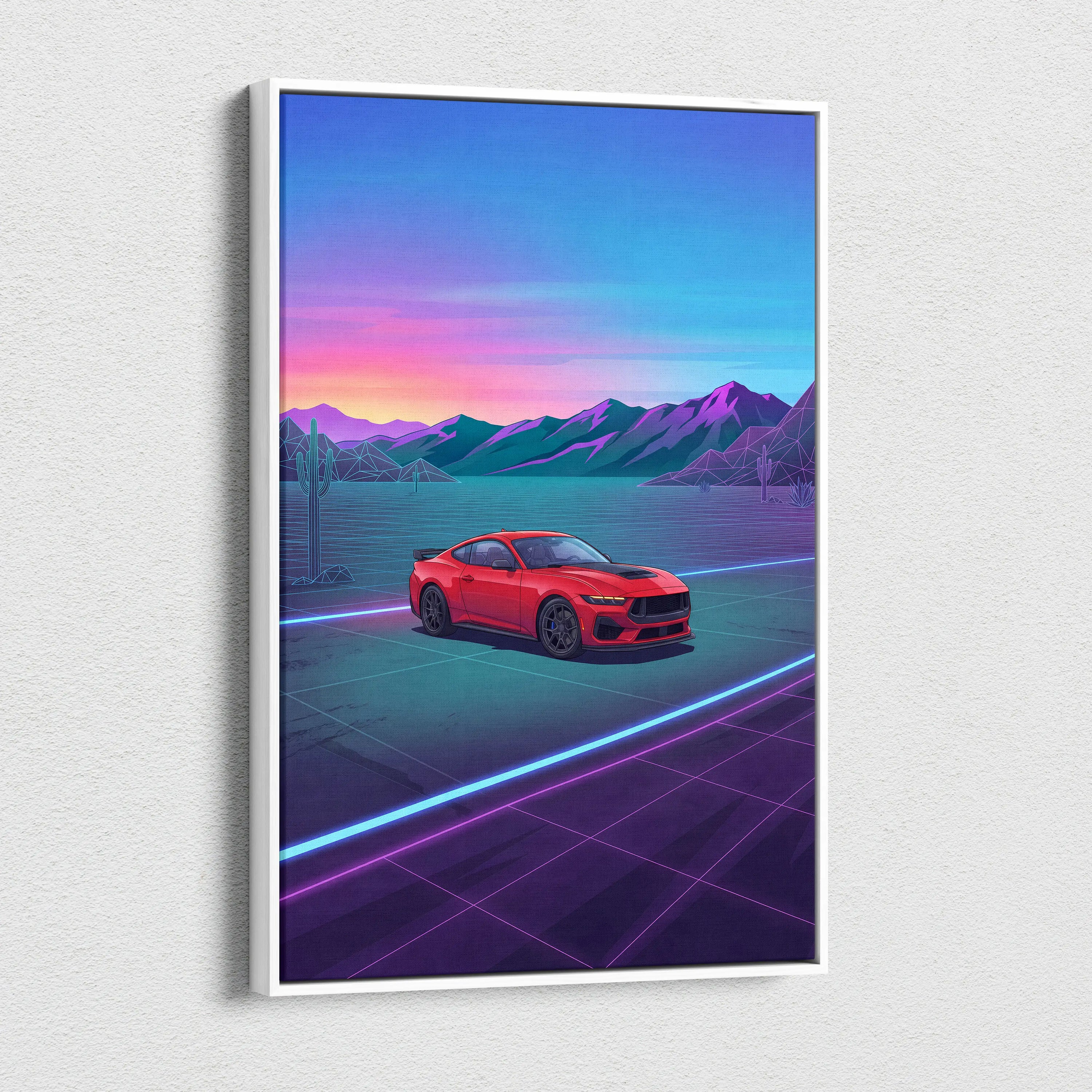 Ford Mustang Inspired Red Blue Canvas Wall Art, Vaporwave Muscle Car Artwork, Neon Desert Sunset Decor, Retro Futuristic Garage Print
