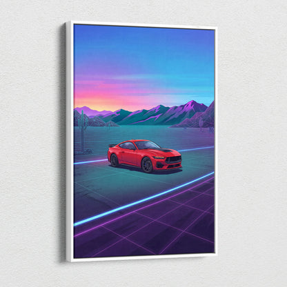 Ford Mustang Inspired Red Blue Canvas Wall Art, Vaporwave Muscle Car Artwork, Neon Desert Sunset Decor, Retro Futuristic Garage Print