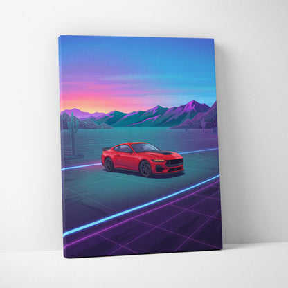 Ford Mustang Inspired Red Blue Canvas Wall Art, Vaporwave Muscle Car Artwork, Neon Desert Sunset Decor, Retro Futuristic Garage Print