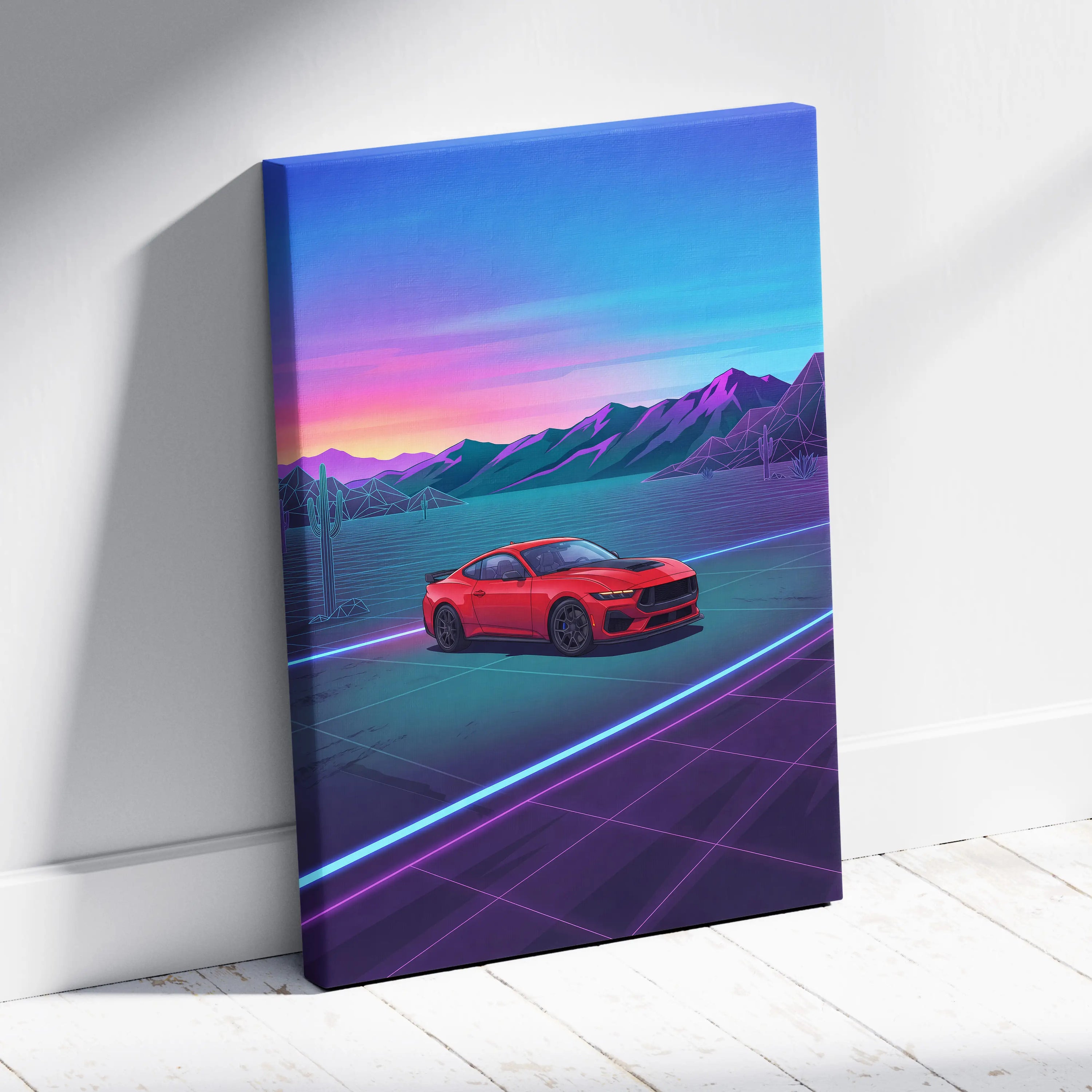 Ford Mustang Inspired Red Blue Canvas Wall Art, Vaporwave Muscle Car Artwork, Neon Desert Sunset Decor, Retro Futuristic Garage Print