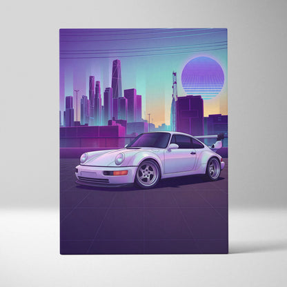 Porsche 911 Turbo Classic Inspired White Purple Canvas Wall Art Vaporwave Neon City Sports Car Artwork, Retro Sunset Garage Decor