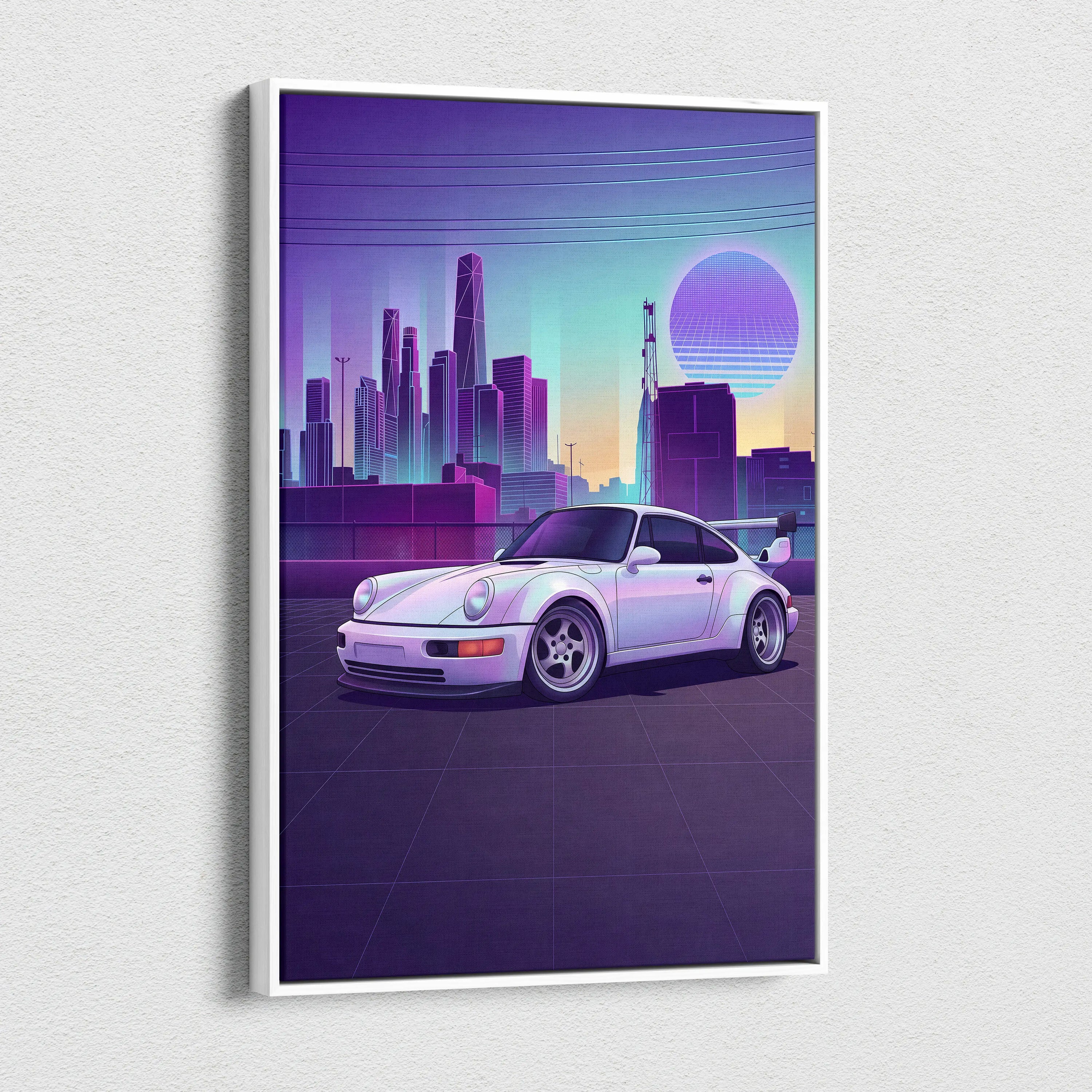 Porsche 911 Turbo Classic Inspired White Purple Canvas Wall Art Vaporwave Neon City Sports Car Artwork, Retro Sunset Garage Decor