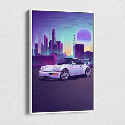 Porsche 911 Turbo Classic Inspired White Purple Canvas Wall Art Vaporwave Neon City Sports Car Artwork, Retro Sunset Garage Decor