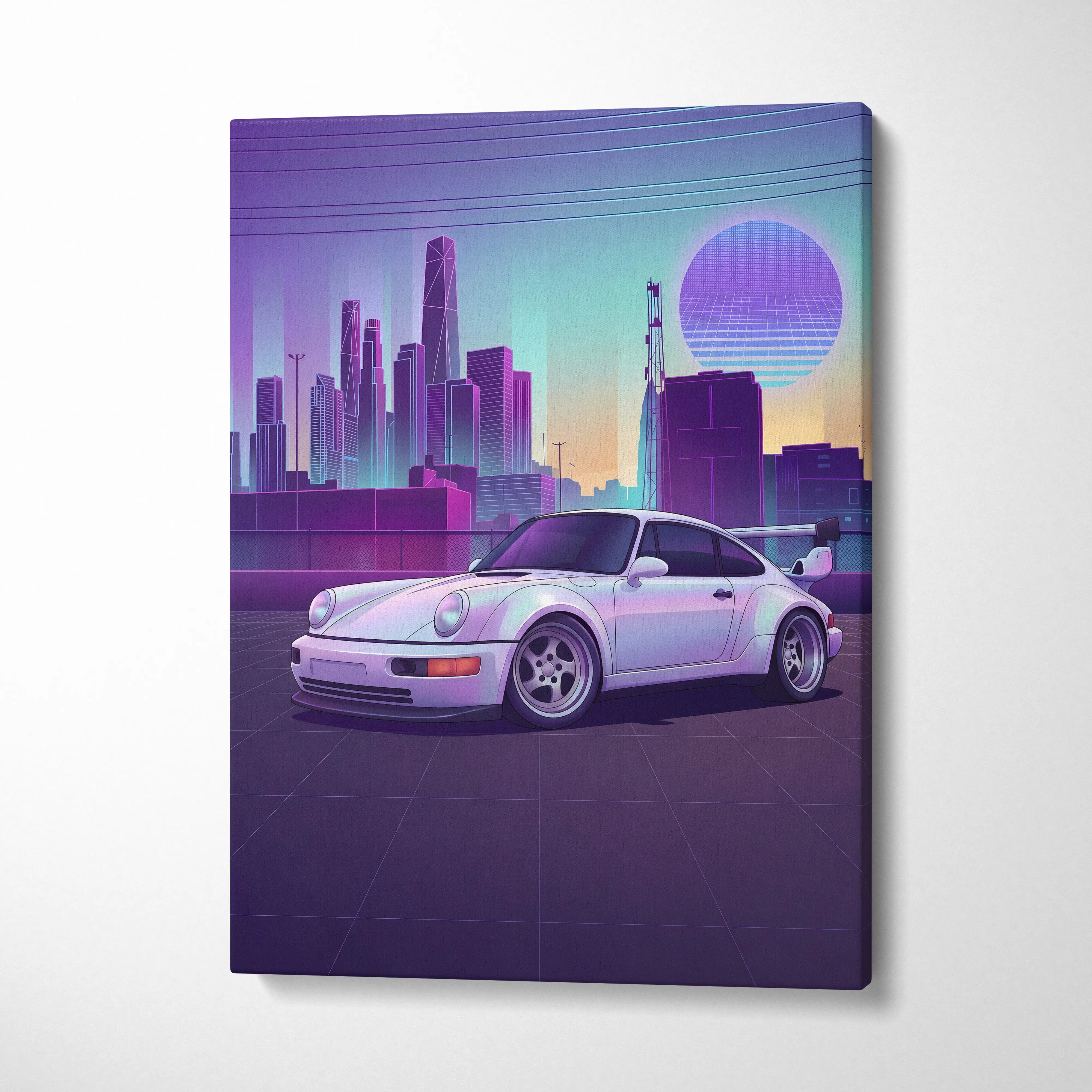 Porsche 911 Turbo Classic Inspired White Purple Canvas Wall Art Vaporwave Neon City Sports Car Artwork, Retro Sunset Garage Decor