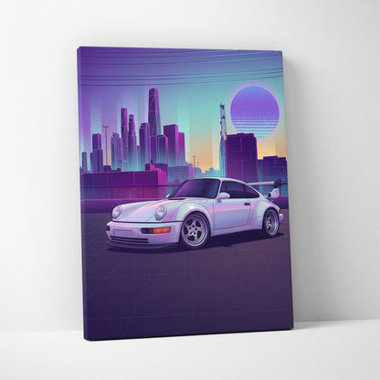 Porsche 911 Turbo Classic Inspired White Purple Canvas Wall Art Vaporwave Neon City Sports Car Artwork, Retro Sunset Garage Decor