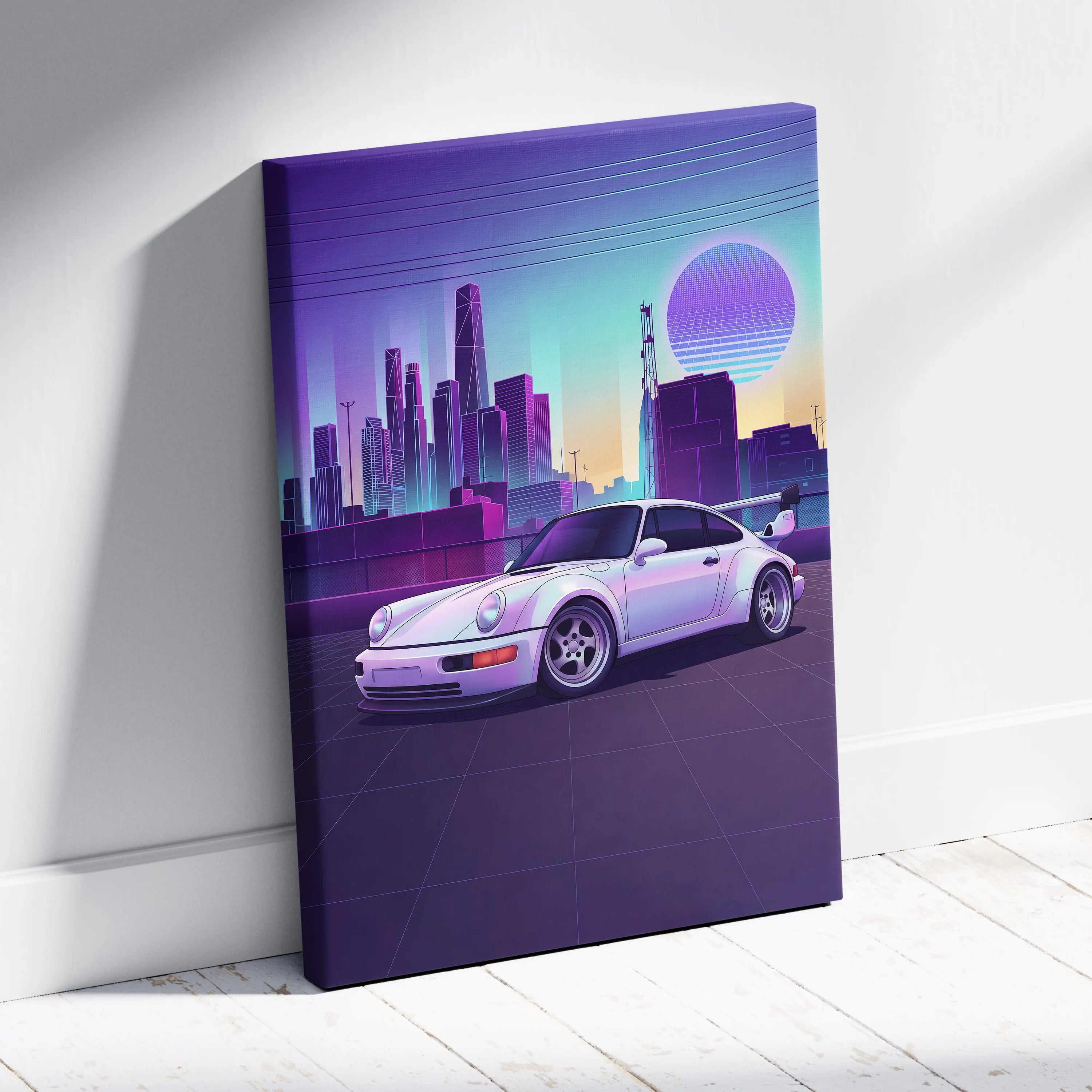 Porsche 911 Turbo Classic Inspired White Purple Canvas Wall Art Vaporwave Neon City Sports Car Artwork, Retro Sunset Garage Decor