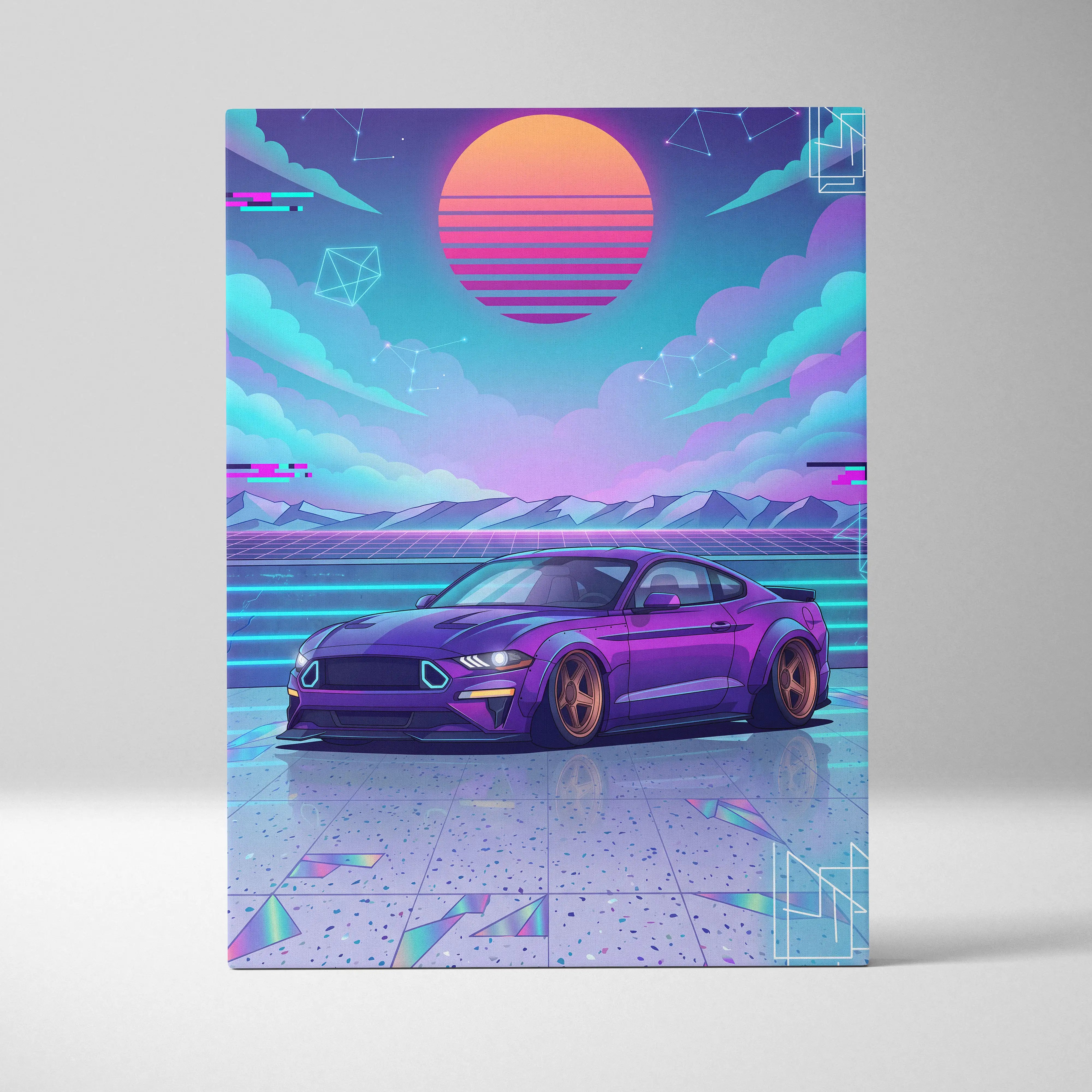 Ford Mustang Inspired Purple Blue Canvas Wall Art Vaporwave Sunset Muscle Car Artwork, Neon Widebody Garage Decor
