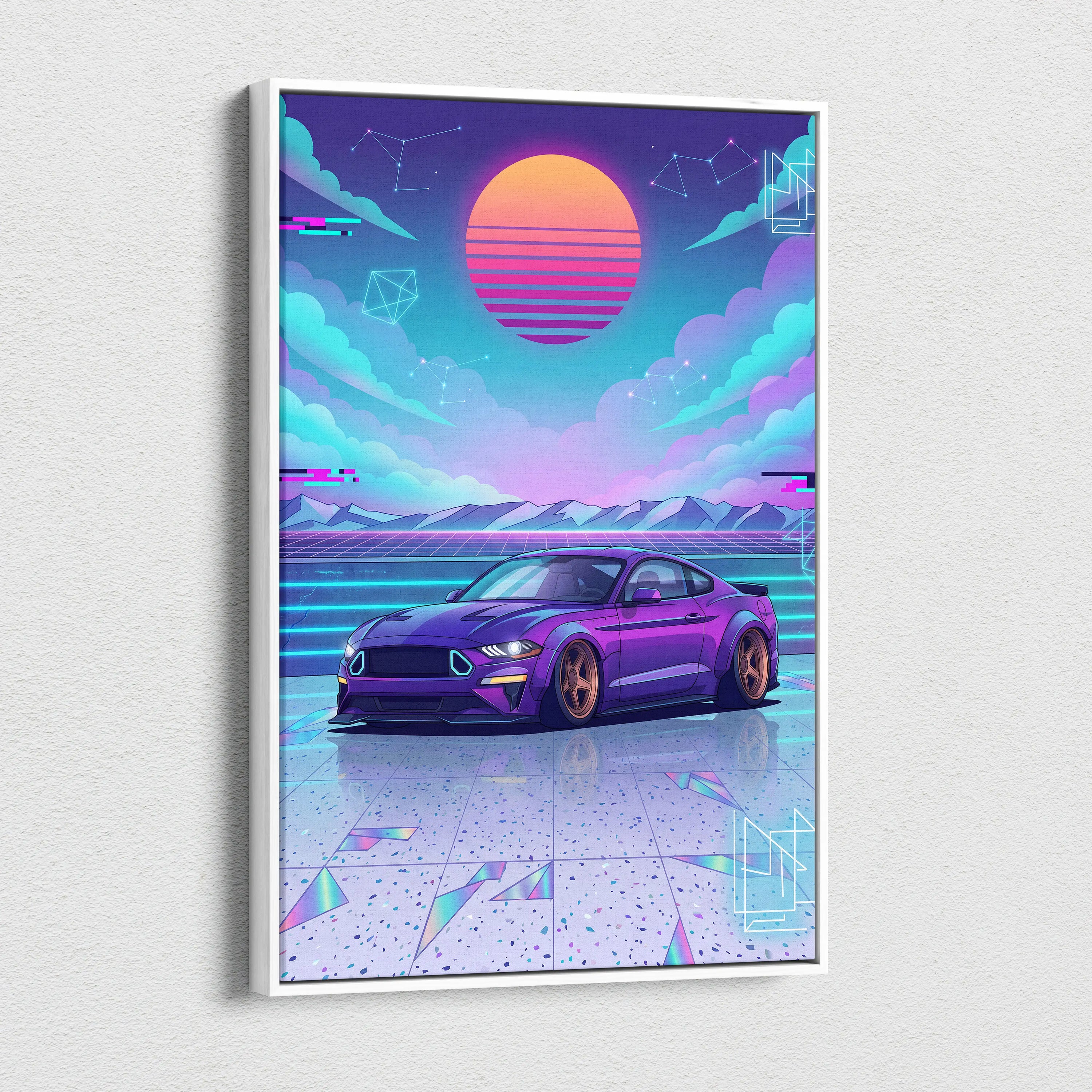 Ford Mustang Inspired Purple Blue Canvas Wall Art Vaporwave Sunset Muscle Car Artwork, Neon Widebody Garage Decor