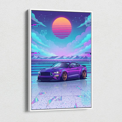 Ford Mustang Inspired Purple Blue Canvas Wall Art Vaporwave Sunset Muscle Car Artwork, Neon Widebody Garage Decor