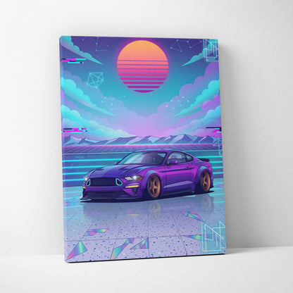 Ford Mustang Inspired Purple Blue Canvas Wall Art Vaporwave Sunset Muscle Car Artwork, Neon Widebody Garage Decor