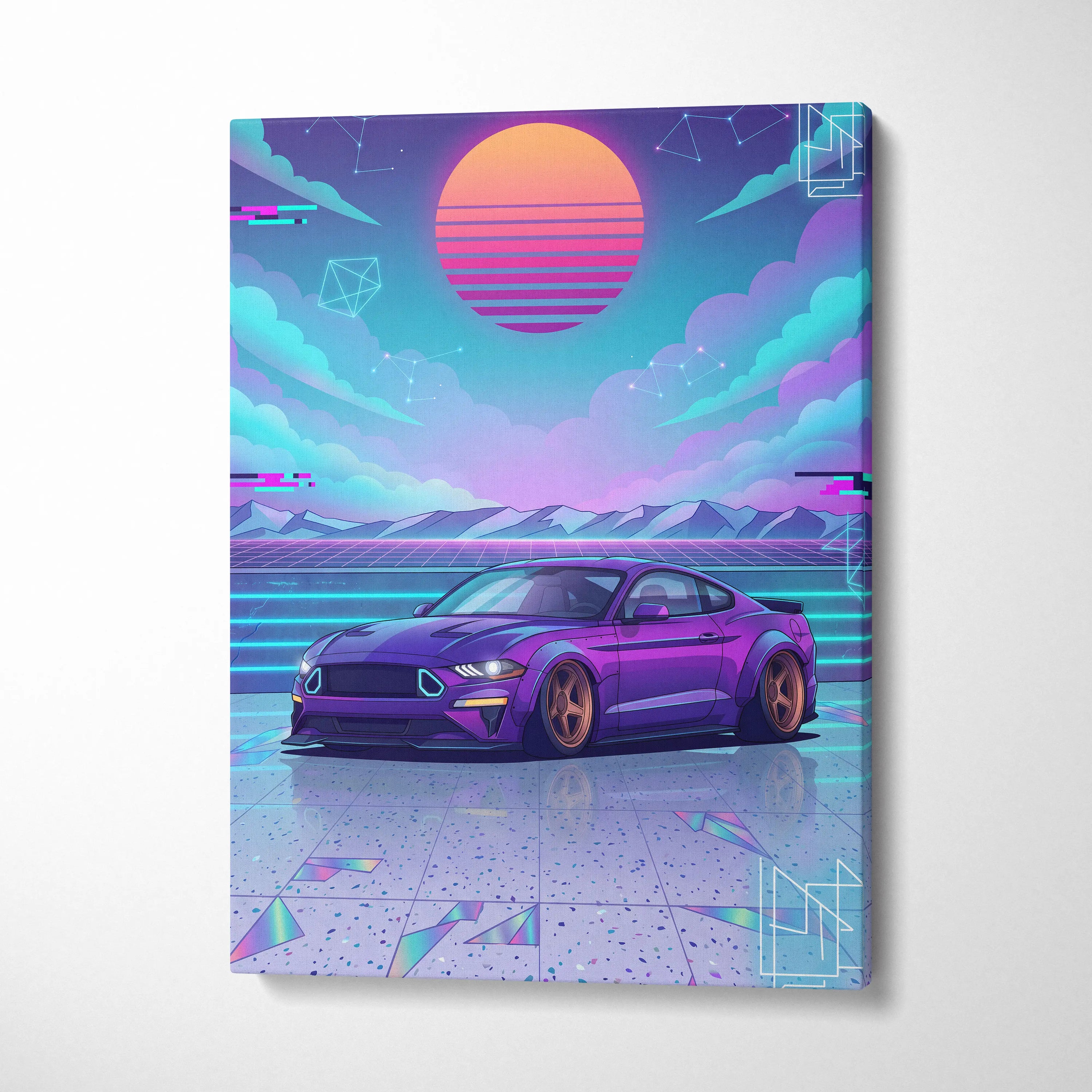 Ford Mustang Inspired Purple Blue Canvas Wall Art Vaporwave Sunset Muscle Car Artwork, Neon Widebody Garage Decor