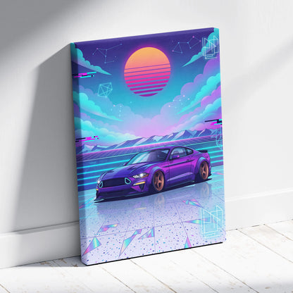Ford Mustang Inspired Purple Blue Canvas Wall Art Vaporwave Sunset Muscle Car Artwork, Neon Widebody Garage Decor