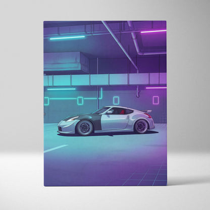 Nissan 370Z Inspired White Purple Canvas Wall Art Vaporwave Neon Garage JDM Car Artwork, Cyberpunk Tuner Decor