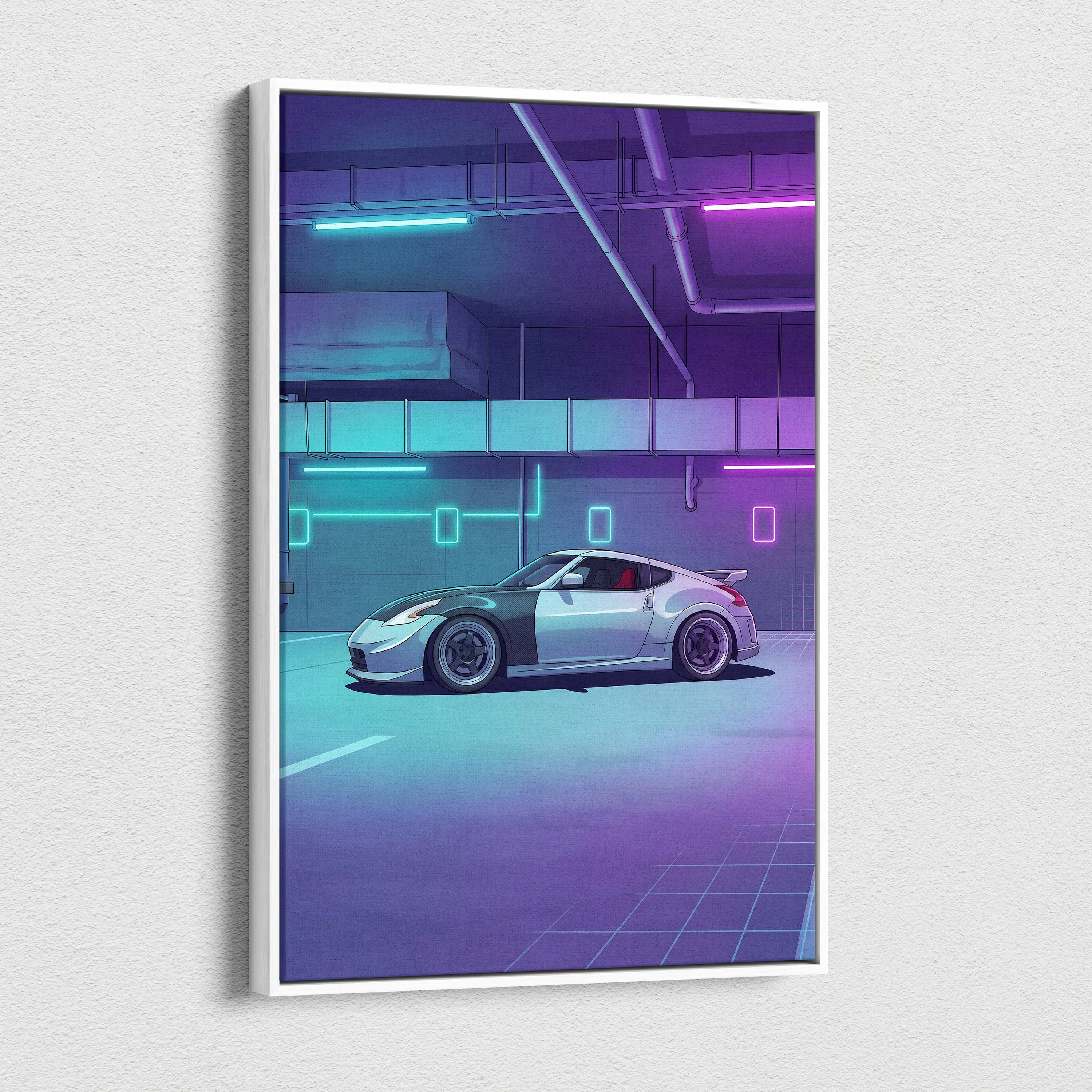 Nissan 370Z Inspired White Purple Canvas Wall Art Vaporwave Neon Garage JDM Car Artwork, Cyberpunk Tuner Decor