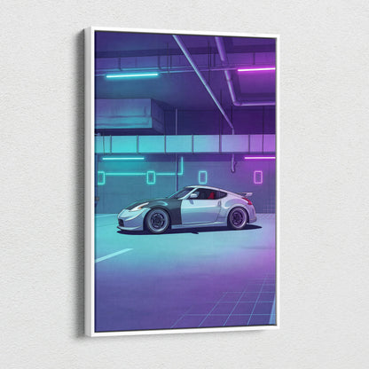 Nissan 370Z Inspired White Purple Canvas Wall Art Vaporwave Neon Garage JDM Car Artwork, Cyberpunk Tuner Decor