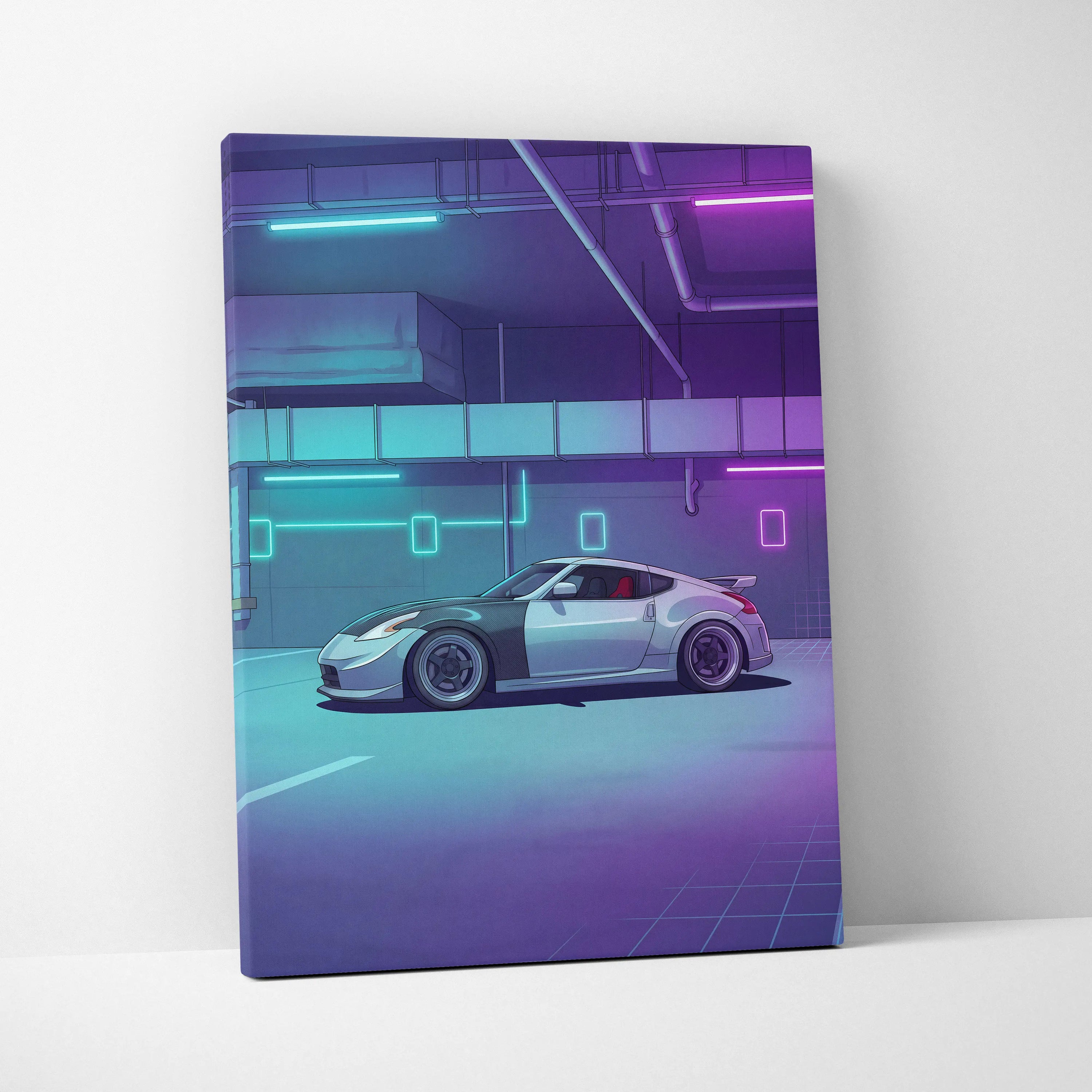 Nissan 370Z Inspired White Purple Canvas Wall Art Vaporwave Neon Garage JDM Car Artwork, Cyberpunk Tuner Decor