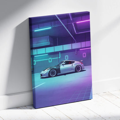 Nissan 370Z Inspired White Purple Canvas Wall Art Vaporwave Neon Garage JDM Car Artwork, Cyberpunk Tuner Decor