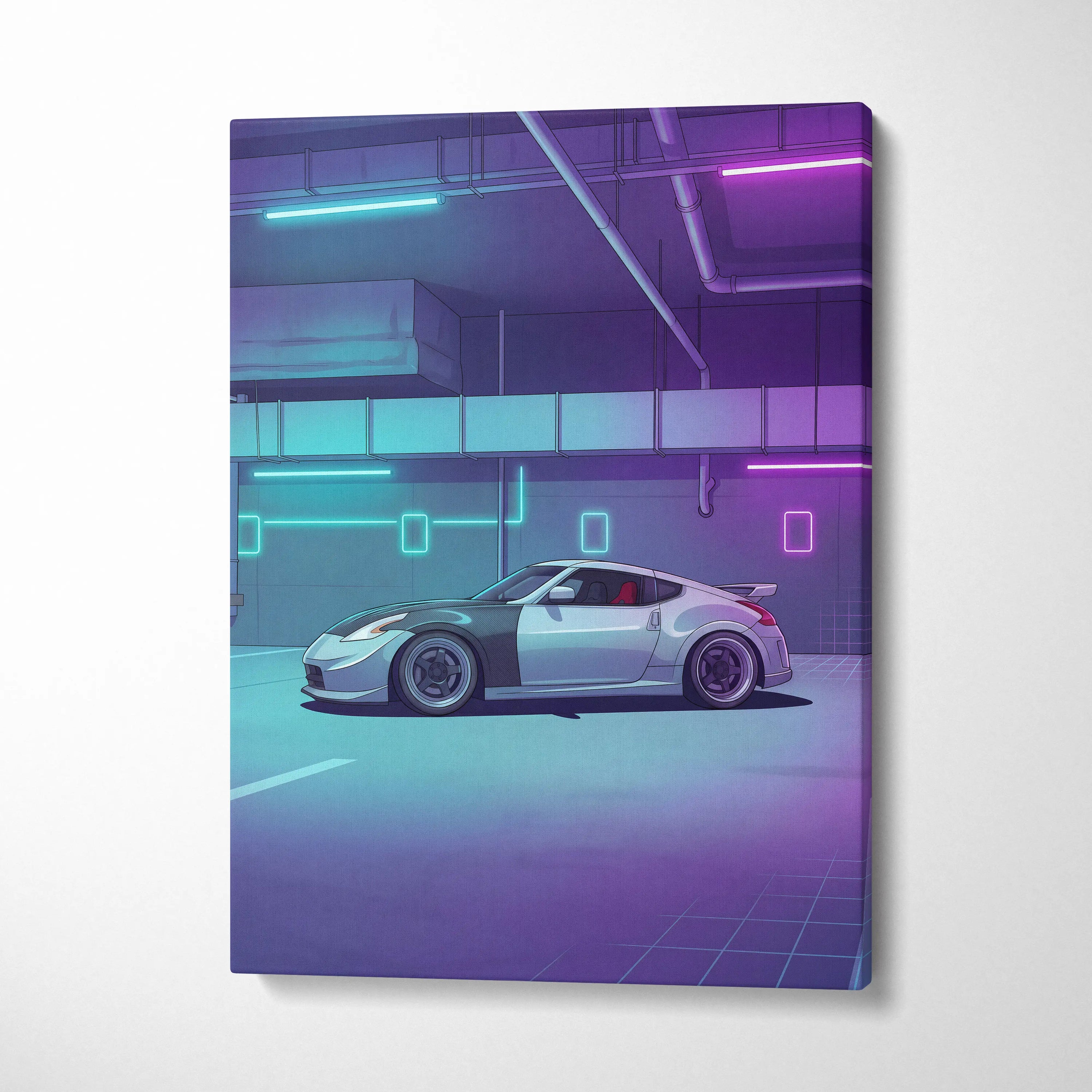 Nissan 370Z Inspired White Purple Canvas Wall Art Vaporwave Neon Garage JDM Car Artwork, Cyberpunk Tuner Decor