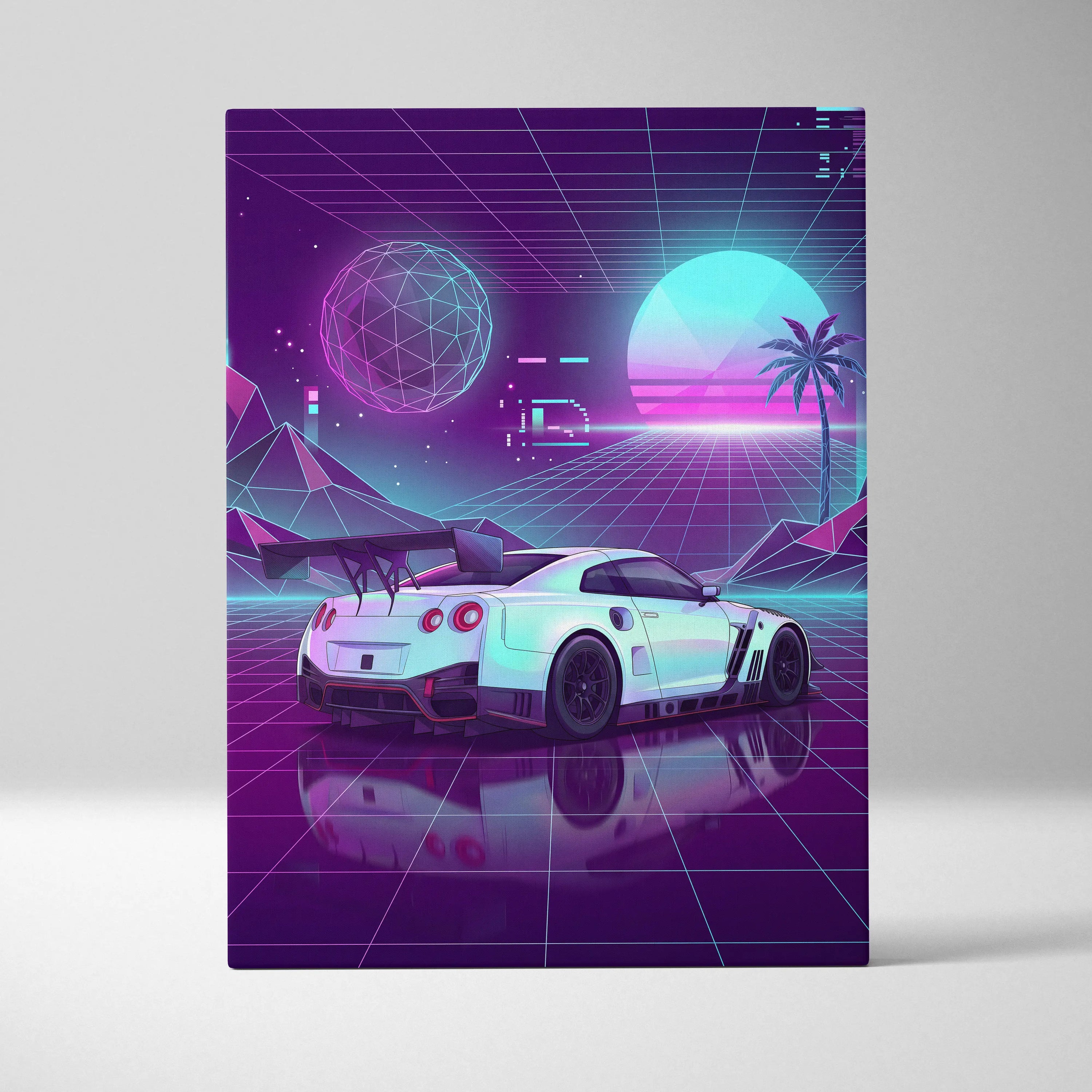 Nissan GT-R R35 Inspired White Purple Canvas Wall Art Vaporwave Neon Grid JDM Car Artwork, Retro Cyberpunk Garage Decor
