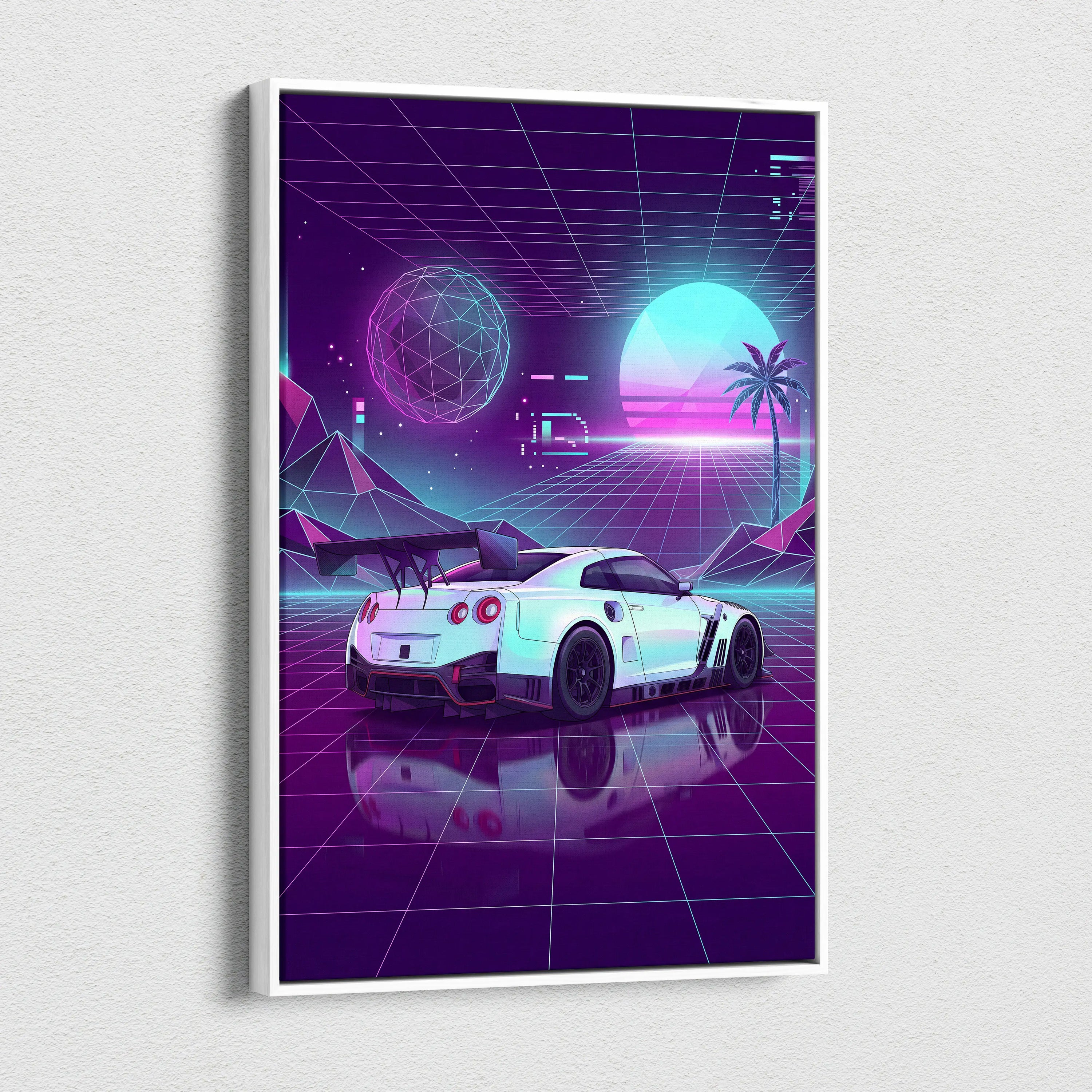 Nissan GT-R R35 Inspired White Purple Canvas Wall Art Vaporwave Neon Grid JDM Car Artwork, Retro Cyberpunk Garage Decor
