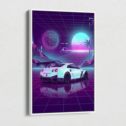 Nissan GT-R R35 Inspired White Purple Canvas Wall Art Vaporwave Neon Grid JDM Car Artwork, Retro Cyberpunk Garage Decor