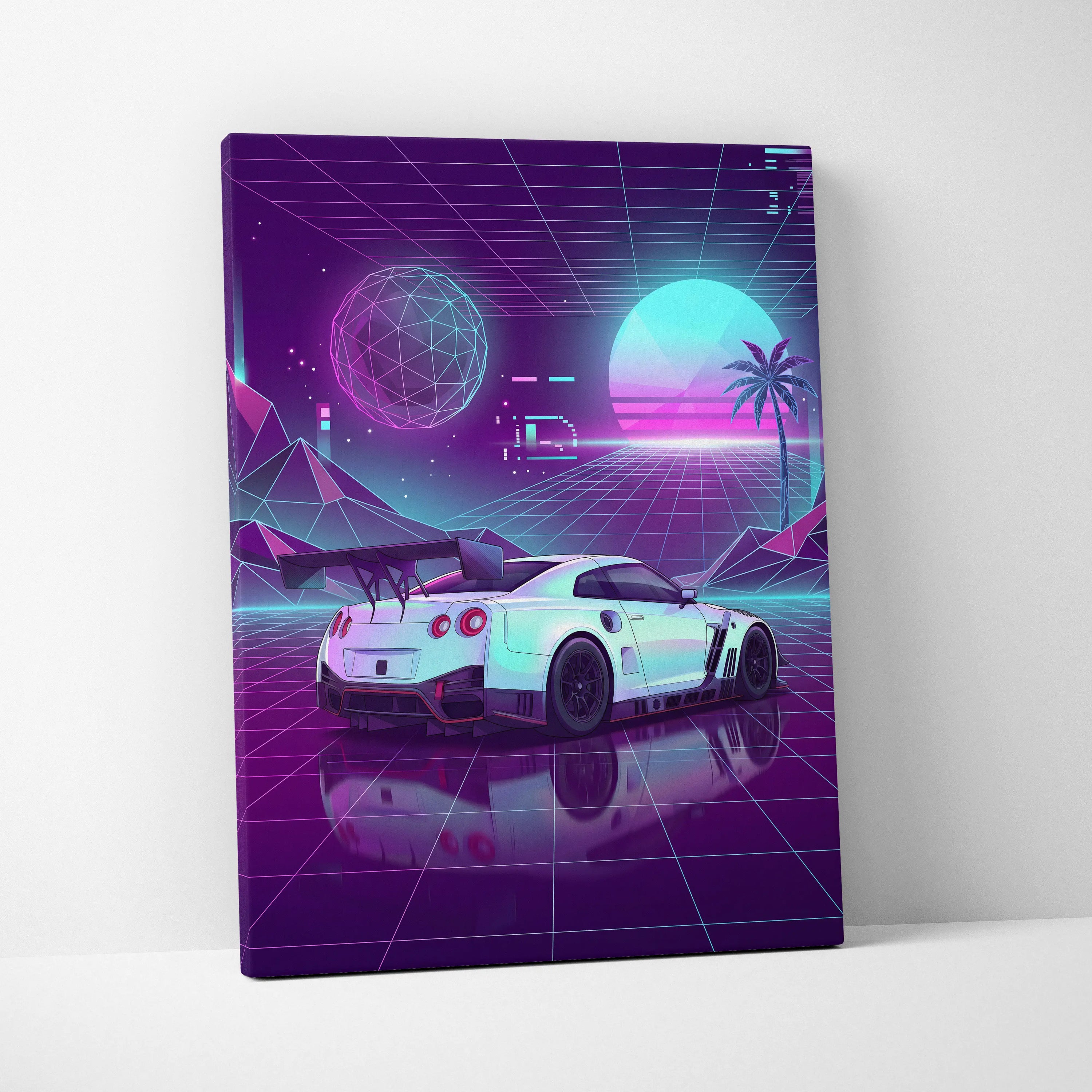 Nissan GT-R R35 Inspired White Purple Canvas Wall Art Vaporwave Neon Grid JDM Car Artwork, Retro Cyberpunk Garage Decor