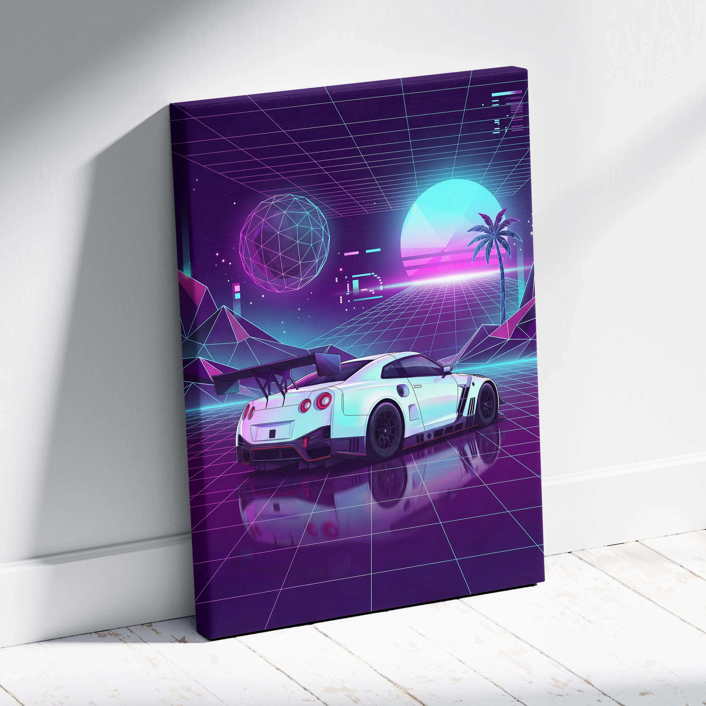 Nissan GT-R R35 Inspired White Purple Canvas Wall Art Vaporwave Neon Grid JDM Car Artwork, Retro Cyberpunk Garage Decor