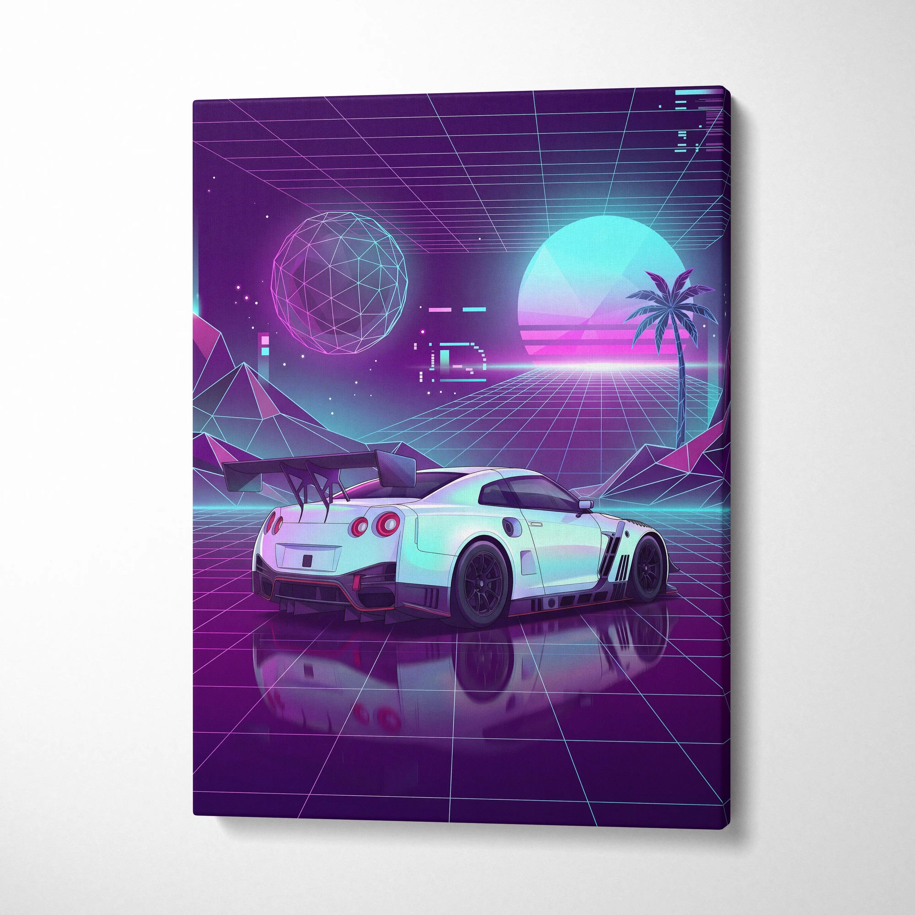 Nissan GT-R R35 Inspired White Purple Canvas Wall Art Vaporwave Neon Grid JDM Car Artwork, Retro Cyberpunk Garage Decor