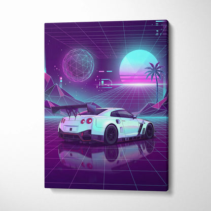 Nissan GT-R R35 Inspired White Purple Canvas Wall Art Vaporwave Neon Grid JDM Car Artwork, Retro Cyberpunk Garage Decor