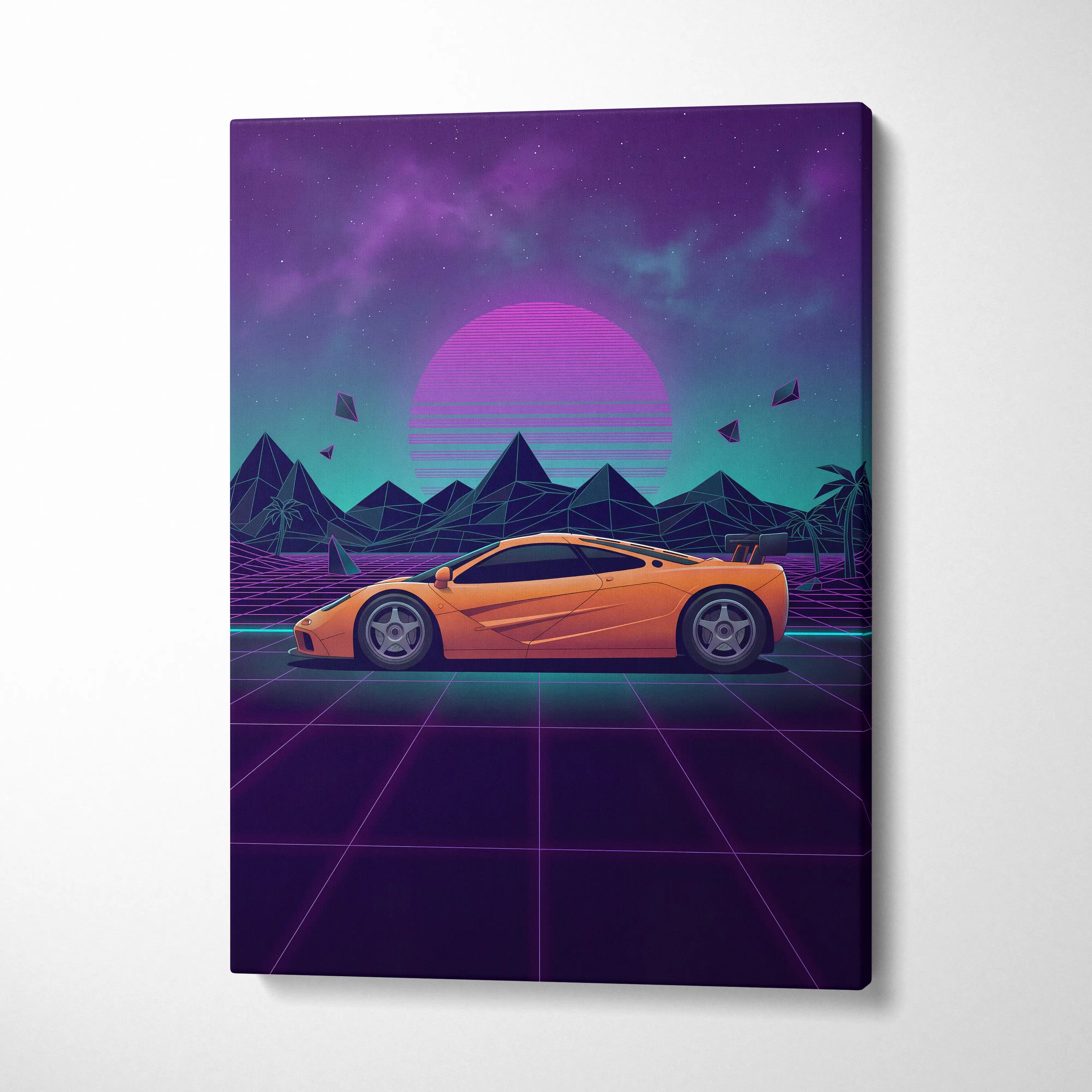 McLaren F1 Inspired Orange Purple Canvas Wall Art, Vaporwave Hypercar Artwork, Neon Grid Desert Decor, Retro Futuristic Exotic Print